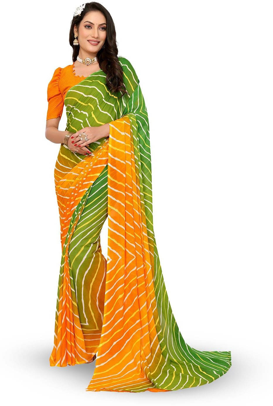 ANAND SAREES Georgette Printed Regular Saree With Unstitched Blouse Piece ( Yellow ) ANAND SAREES Georgette Printed Regular Saree With Unstitched Blouse Piece ( Yellow )