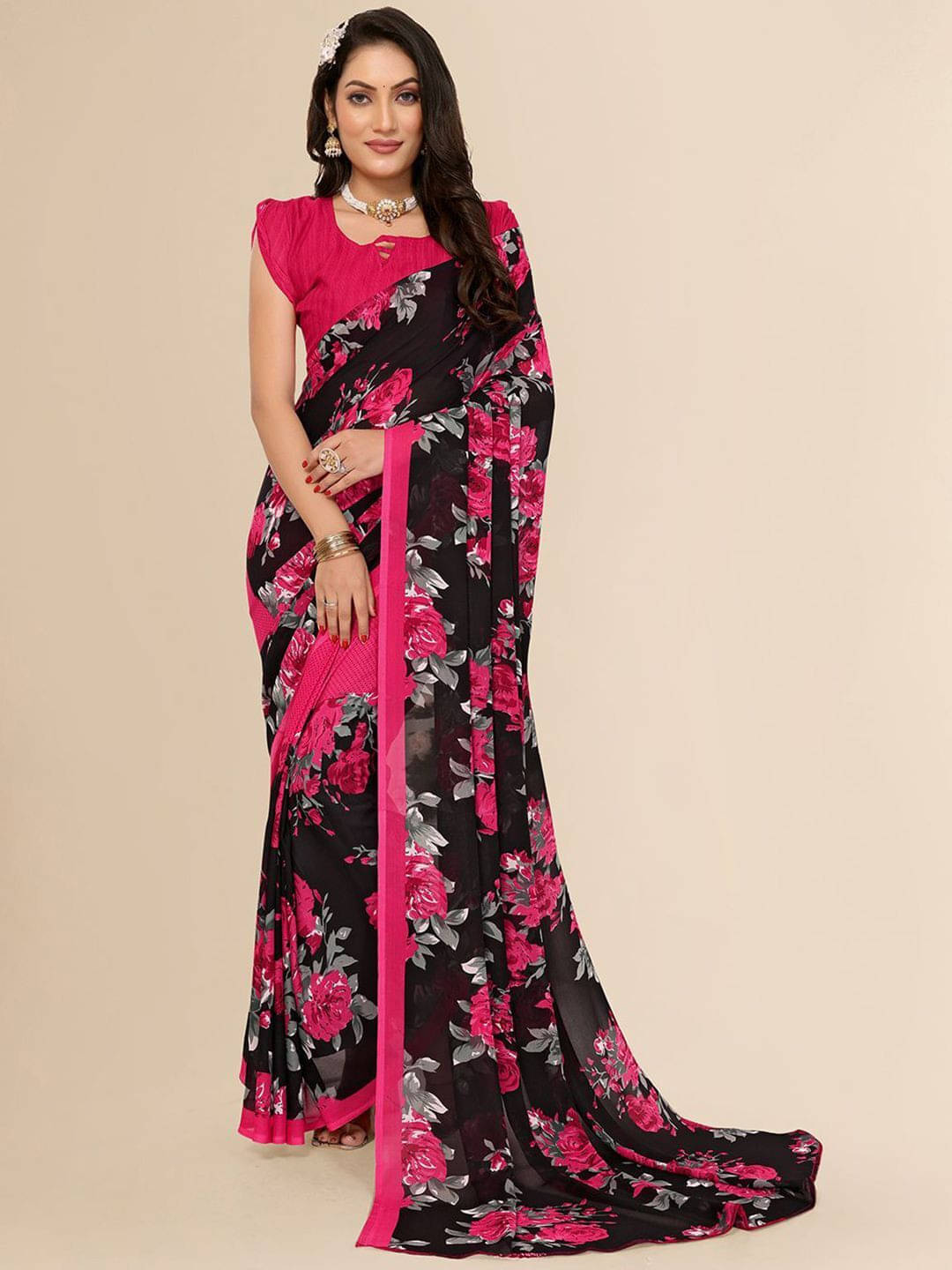 ANAND SAREES Georgette Printed Regular Saree With Unstitched Blouse Piece ( Pink ) ANAND SAREES Georgette Printed Regular Saree With Unstitched Blouse Piece ( Pink )