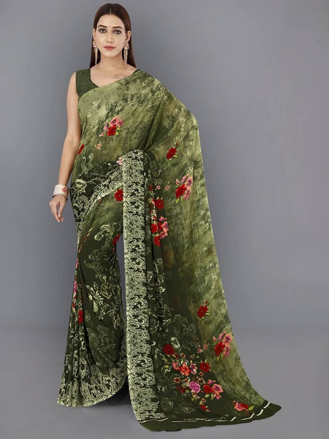     			ANAND SAREES Georgette Printed Regular Saree With Unstitched Blouse Piece ( Green )