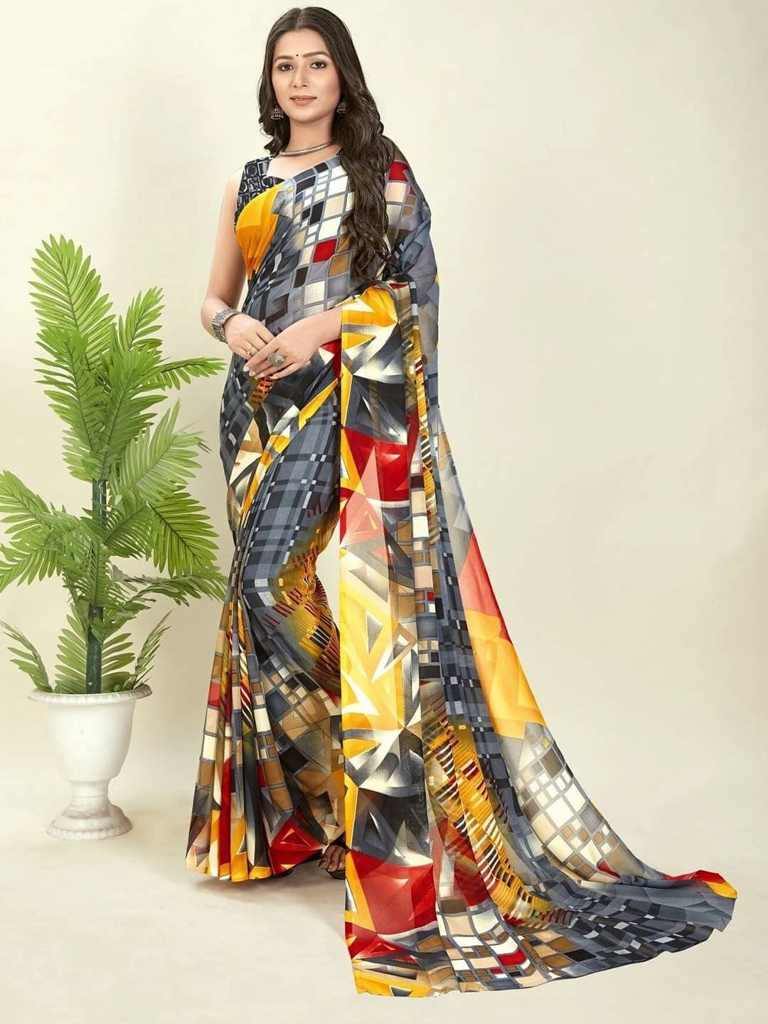 ANAND SAREES Georgette Printed Regular Saree With Unstitched Blouse Piece ( Grey ) ANAND SAREES Georgette Printed Regular Saree With Unstitched Blouse Piece ( Grey )