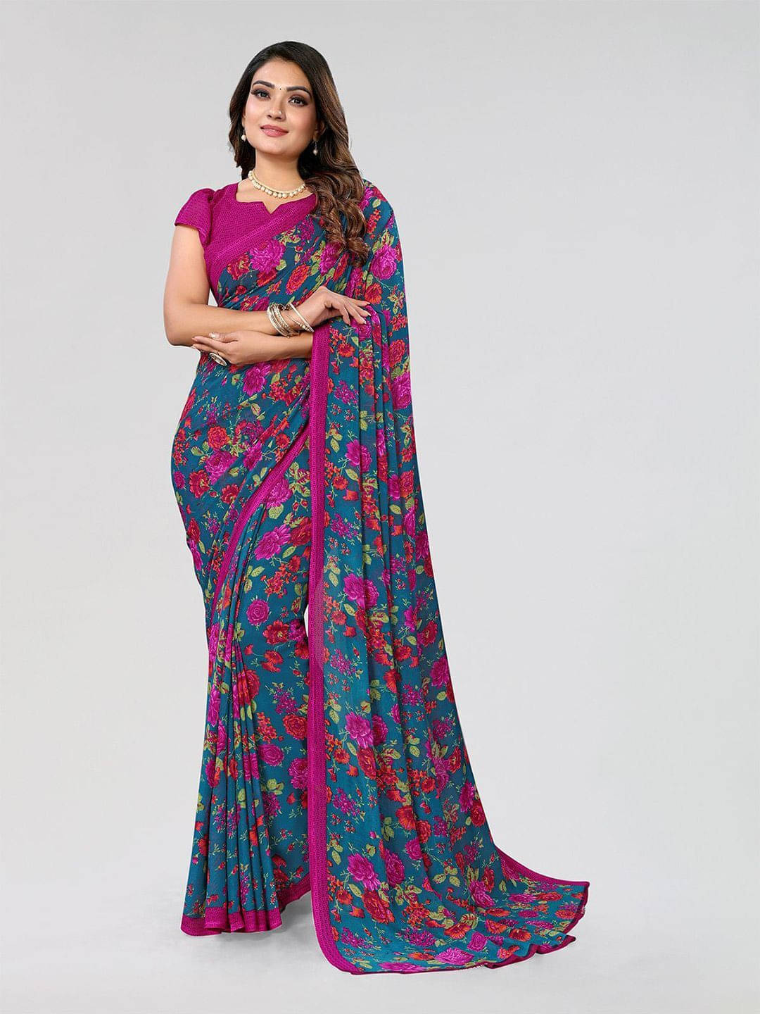 ANAND SAREES Georgette Printed Regular Saree With Unstitched Blouse Piece ( Blue ) ANAND SAREES Georgette Printed Regular Saree With Unstitched Blouse Piece ( Blue )