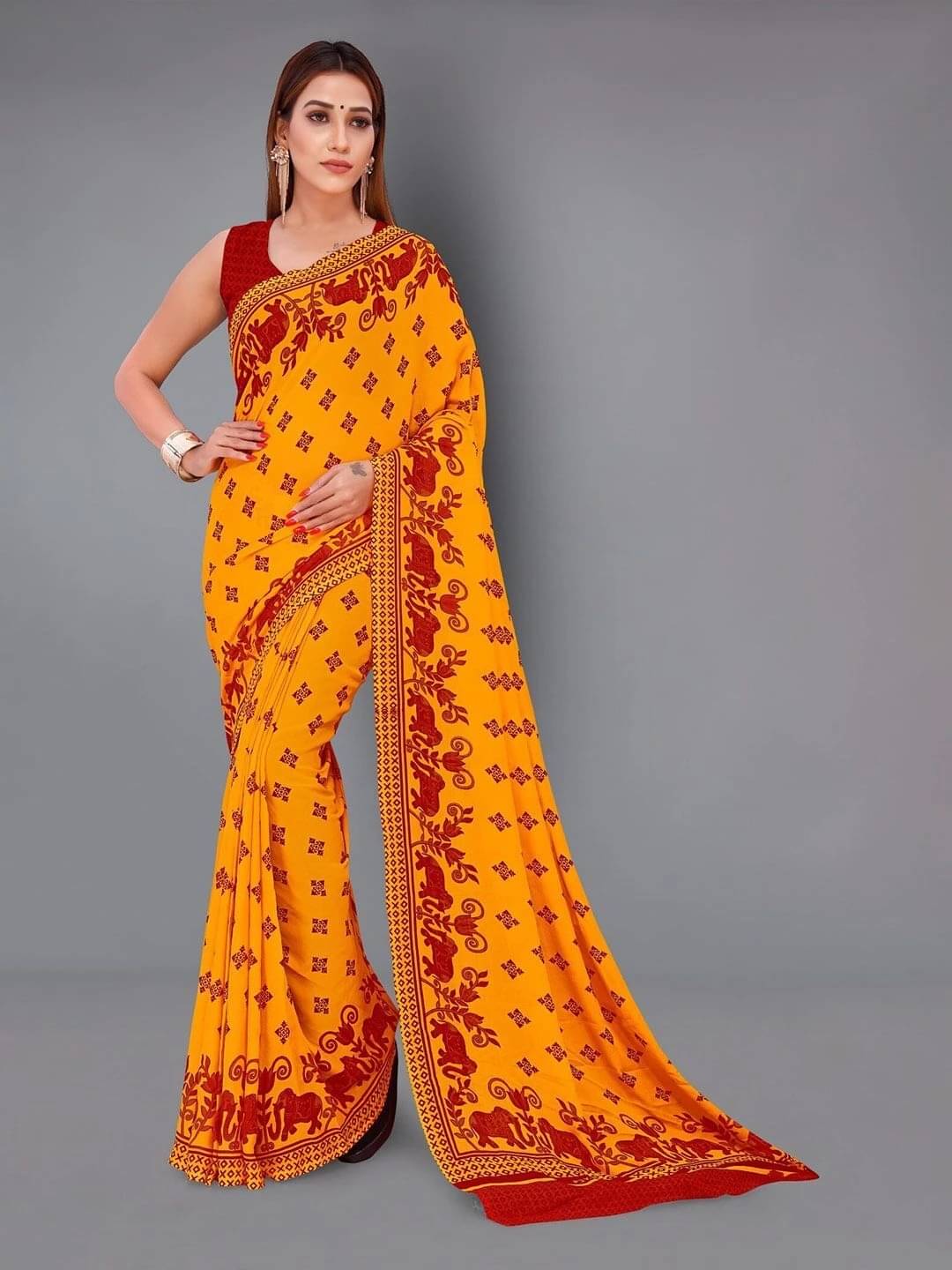 ANAND SAREES Georgette Printed Regular Saree With Unstitched Blouse Piece ( Red ) ANAND SAREES Georgette Printed Regular Saree With Unstitched Blouse Piece ( Red )