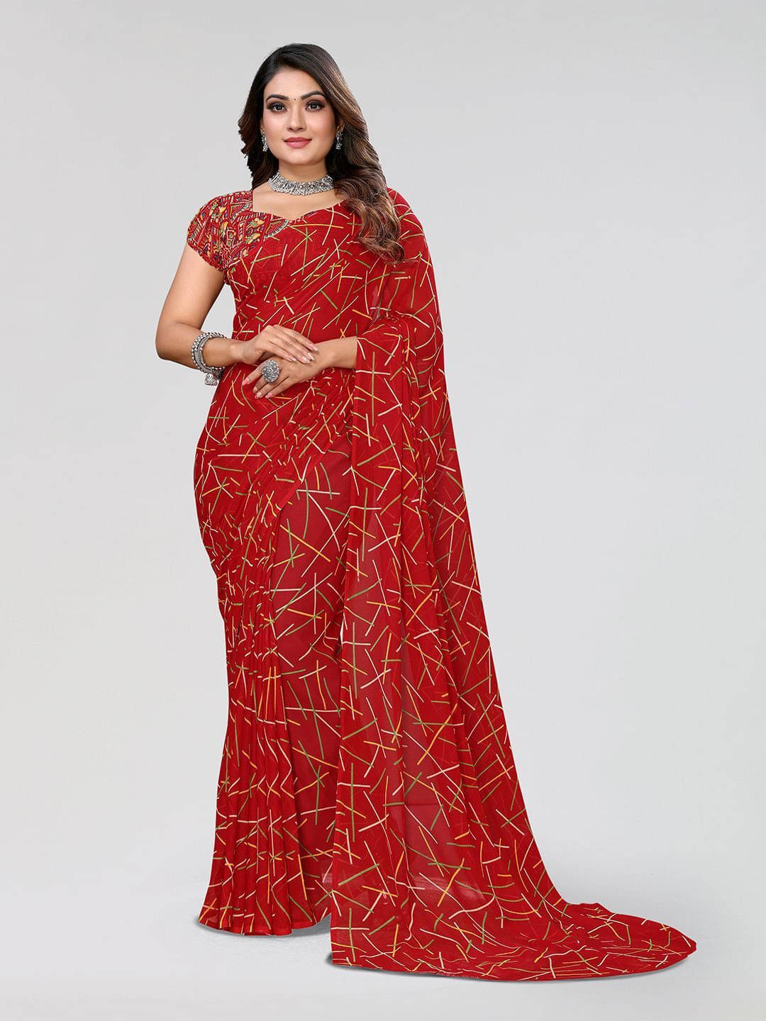     			ANAND SAREES Georgette Printed Regular Saree With Unstitched Blouse Piece ( Red )