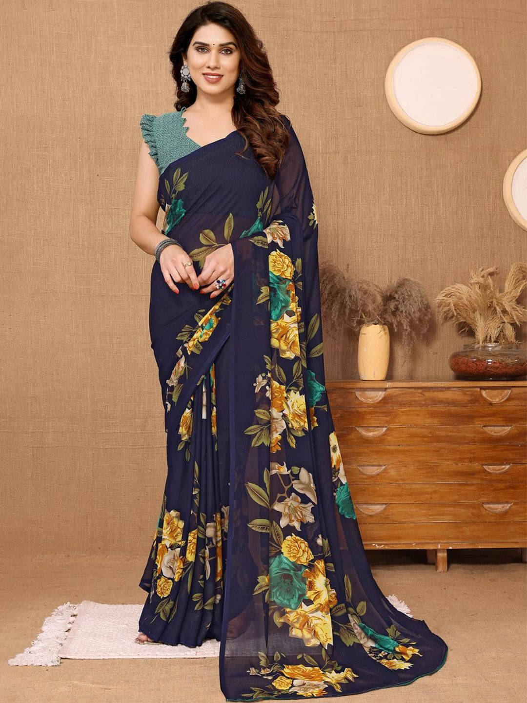 ANAND SAREES Georgette Printed Regular Saree With Unstitched Blouse Piece ( Blue ) ANAND SAREES Georgette Printed Regular Saree With Unstitched Blouse Piece ( Blue )