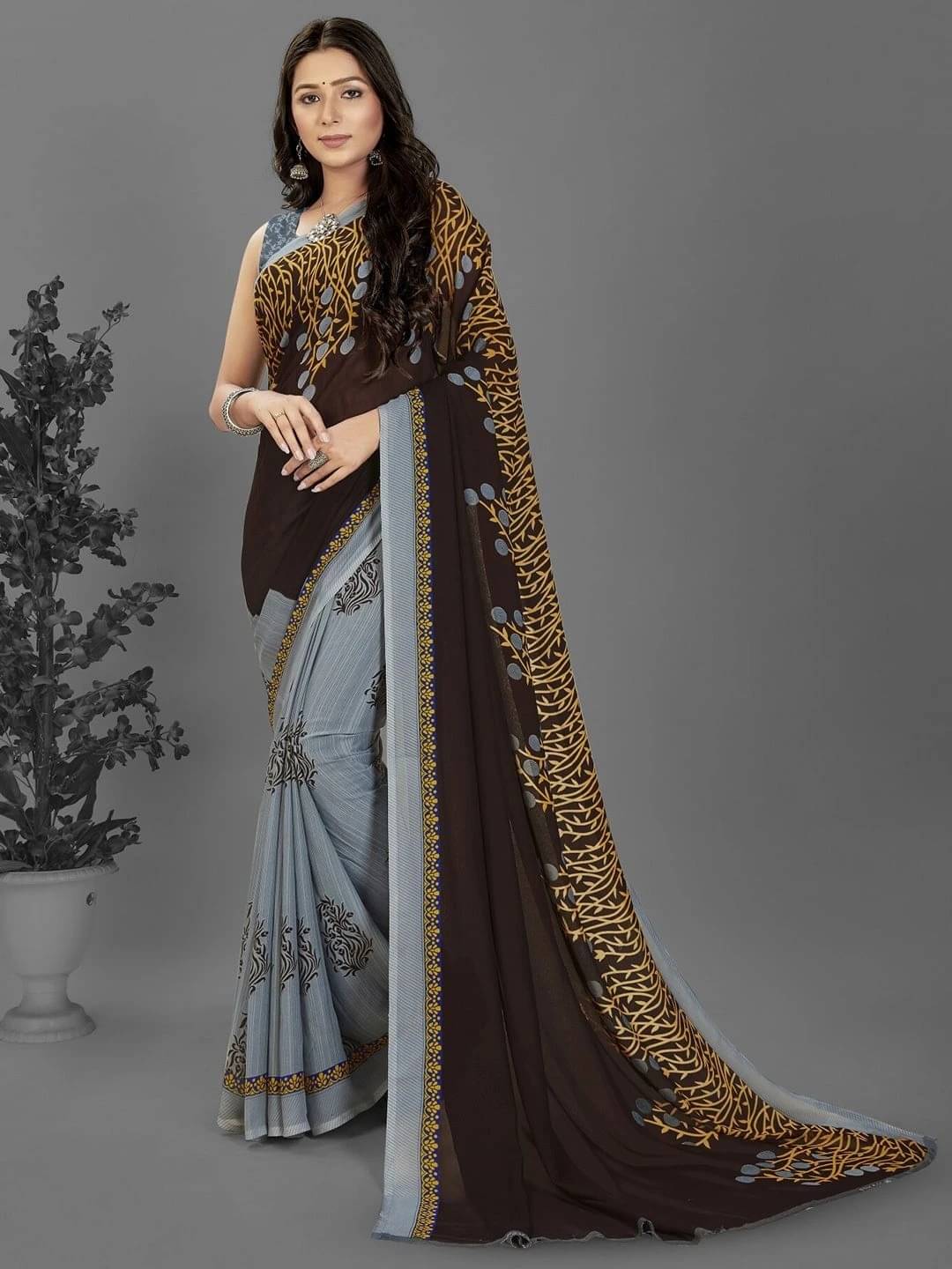     			ANAND SAREES Georgette Printed Regular Saree With Unstitched Blouse Piece ( Brown )
