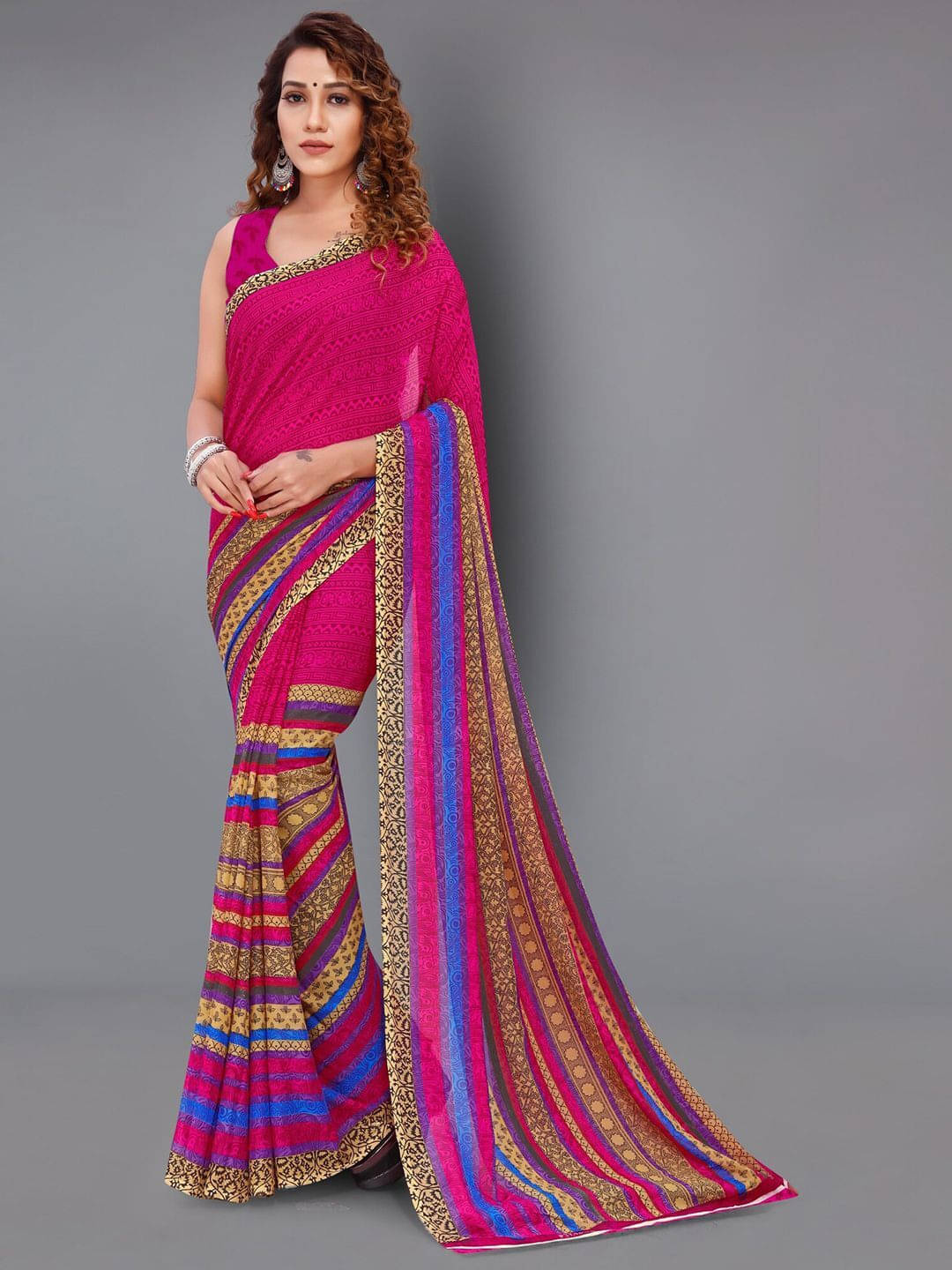 ANAND SAREES Georgette Printed Regular Saree With Unstitched Blouse Piece ( Pink ) ANAND SAREES Georgette Printed Regular Saree With Unstitched Blouse Piece ( Pink )
