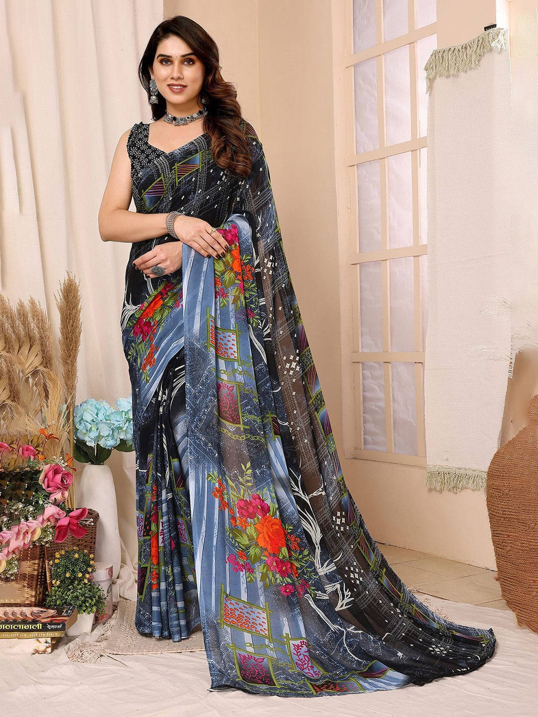 ANAND SAREES Georgette Printed Regular Saree With Unstitched Blouse Piece ( Blue ) ANAND SAREES Georgette Printed Regular Saree With Unstitched Blouse Piece ( Blue )