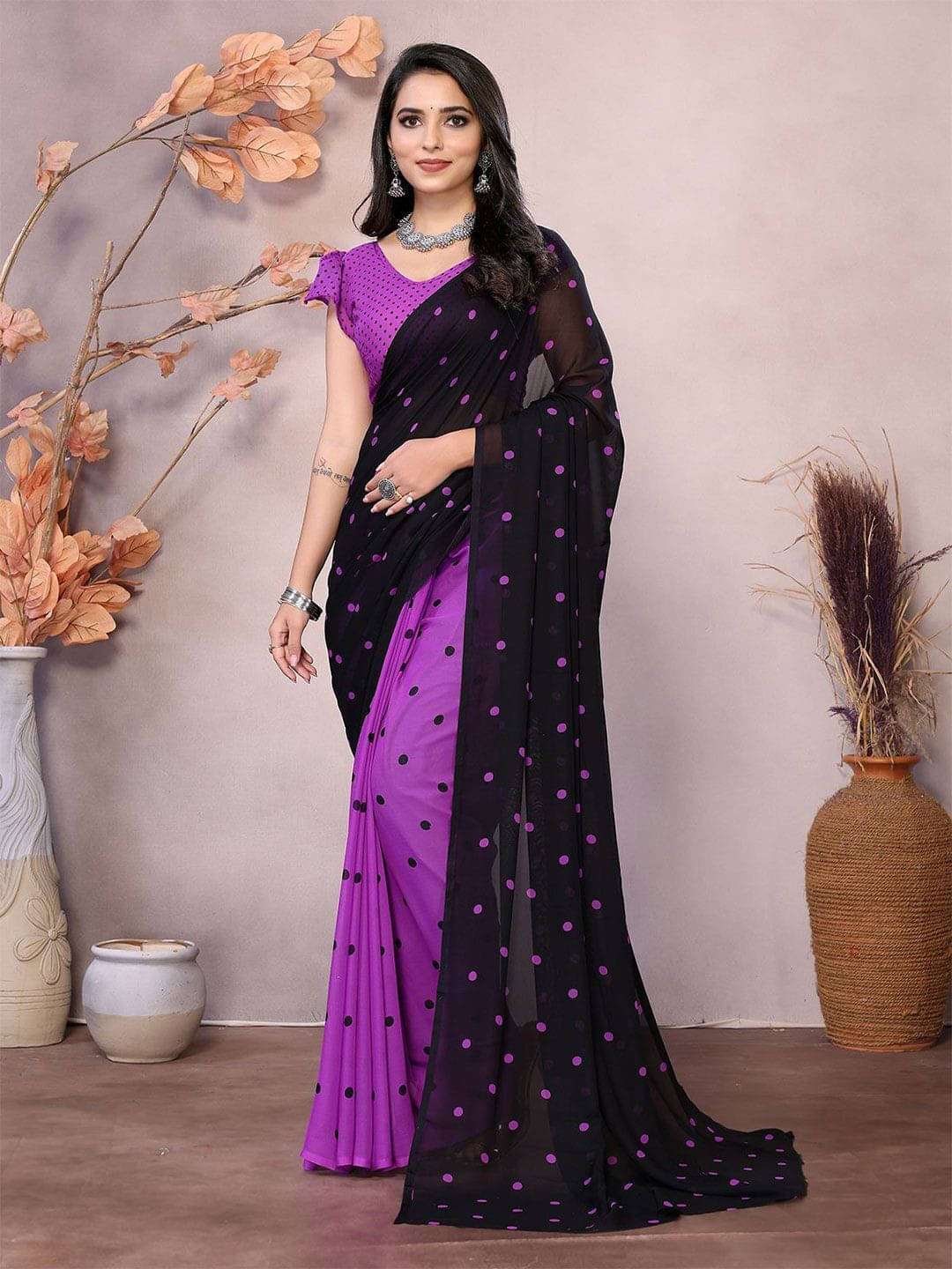 ANAND SAREES Georgette Printed Regular Saree With Unstitched Blouse Piece ( Purple ) ANAND SAREES Georgette Printed Regular Saree With Unstitched Blouse Piece ( Purple )