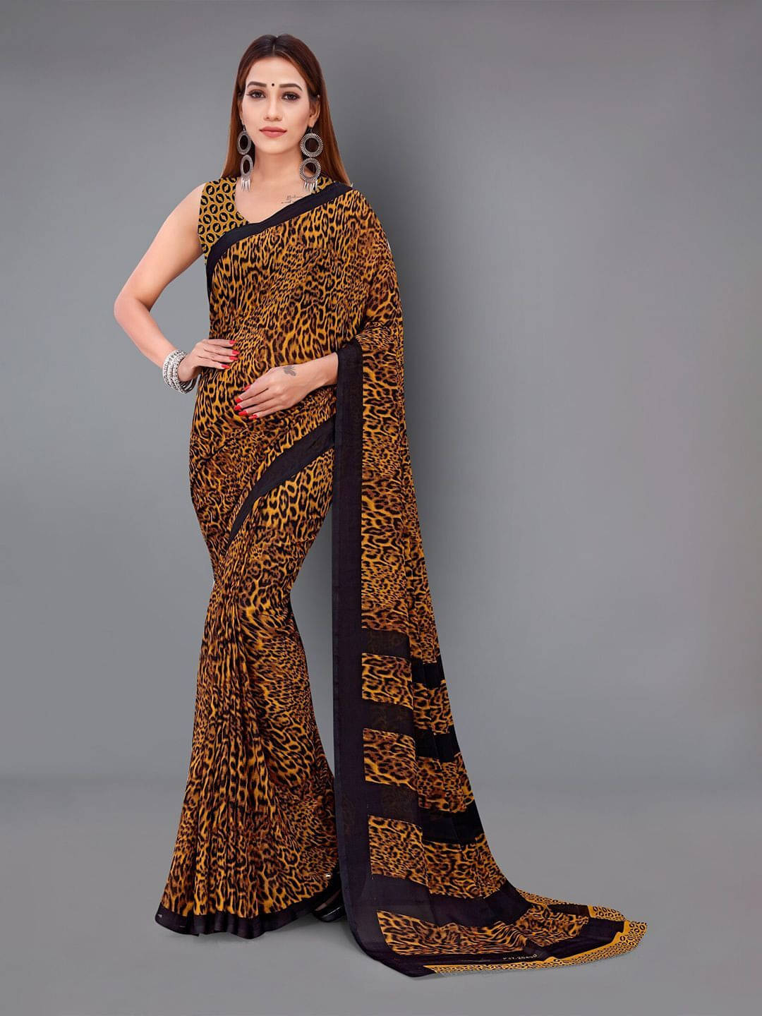 ANAND SAREES Georgette Printed Regular Saree With Unstitched Blouse Piece ( Mustard ) ANAND SAREES Georgette Printed Regular Saree With Unstitched Blouse Piece ( Mustard )
