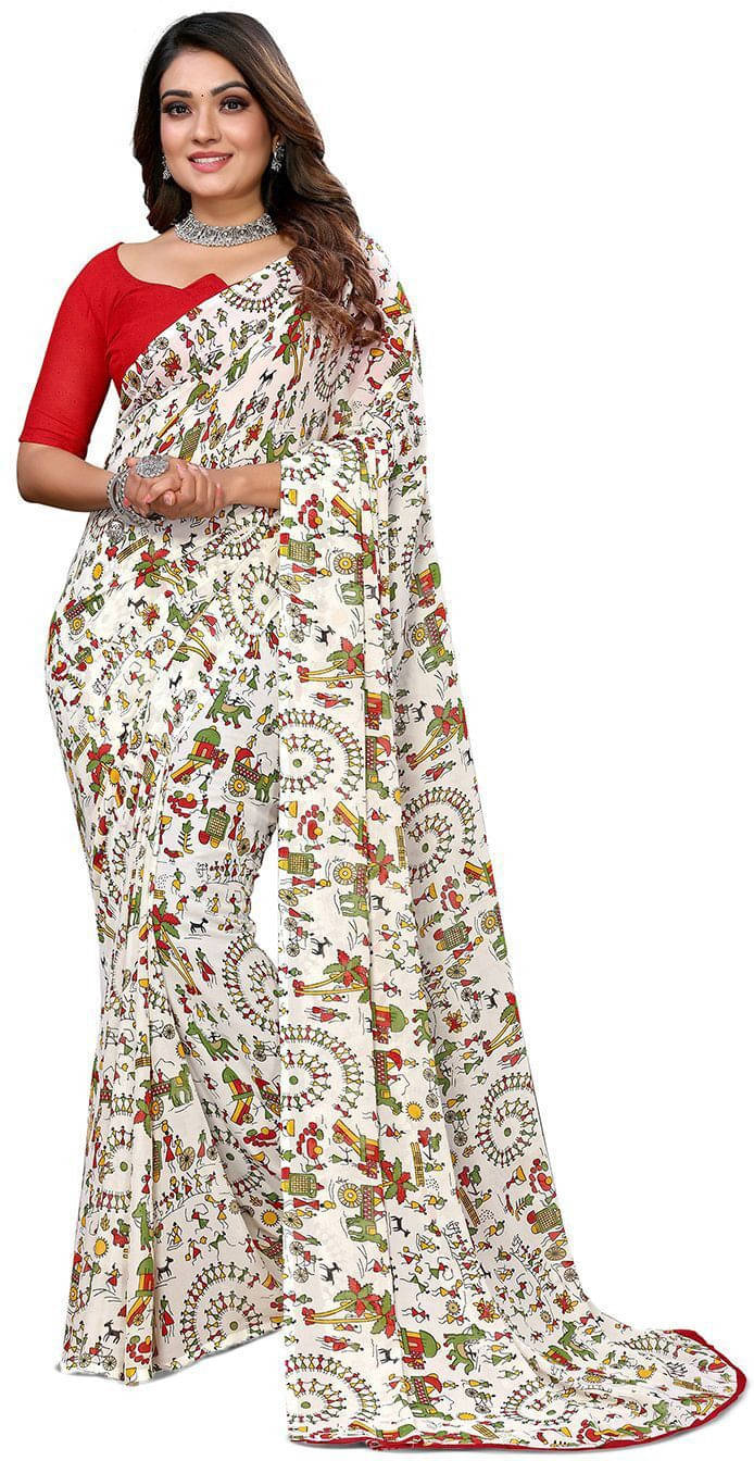     			ANAND SAREES Georgette Printed Regular Saree With Unstitched Blouse Piece ( White )