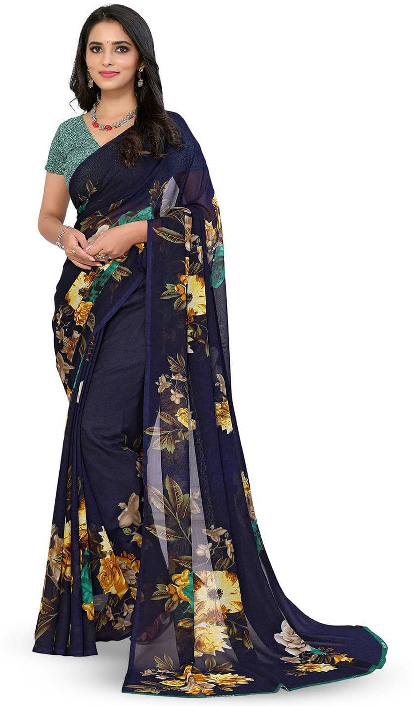ANAND SAREES Georgette Printed Regular Saree With Unstitched Blouse Piece ( Blue ) ANAND SAREES Georgette Printed Regular Saree With Unstitched Blouse Piece ( Blue )