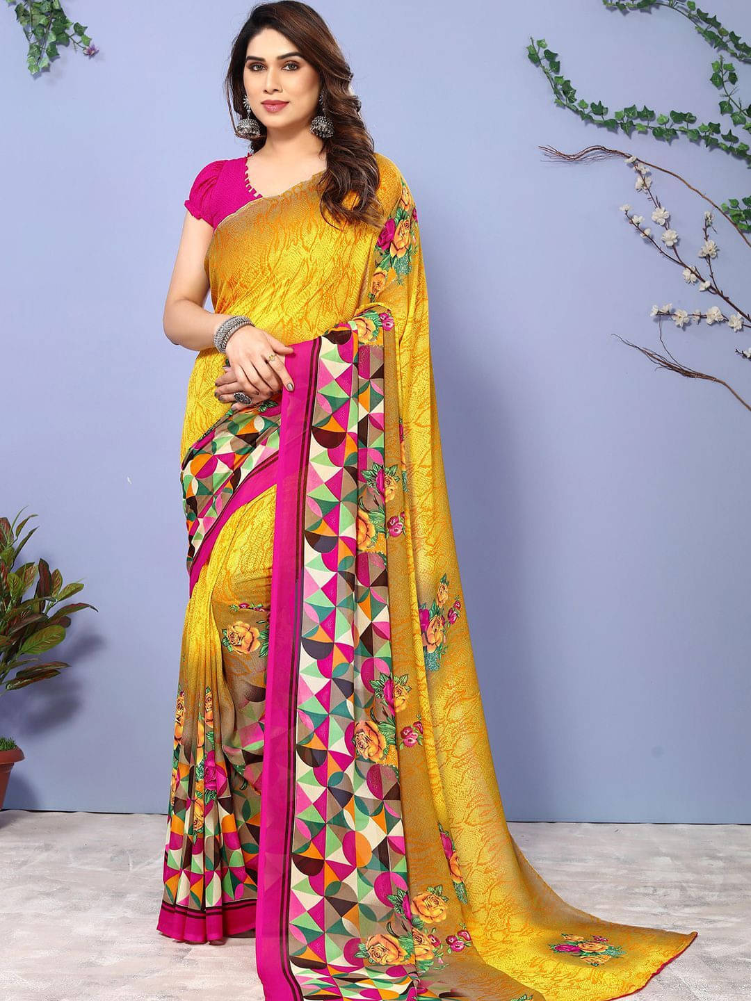 ANAND SAREES Georgette Printed Regular Saree With Unstitched Blouse Piece ( Yellow ) ANAND SAREES Georgette Printed Regular Saree With Unstitched Blouse Piece ( Yellow )