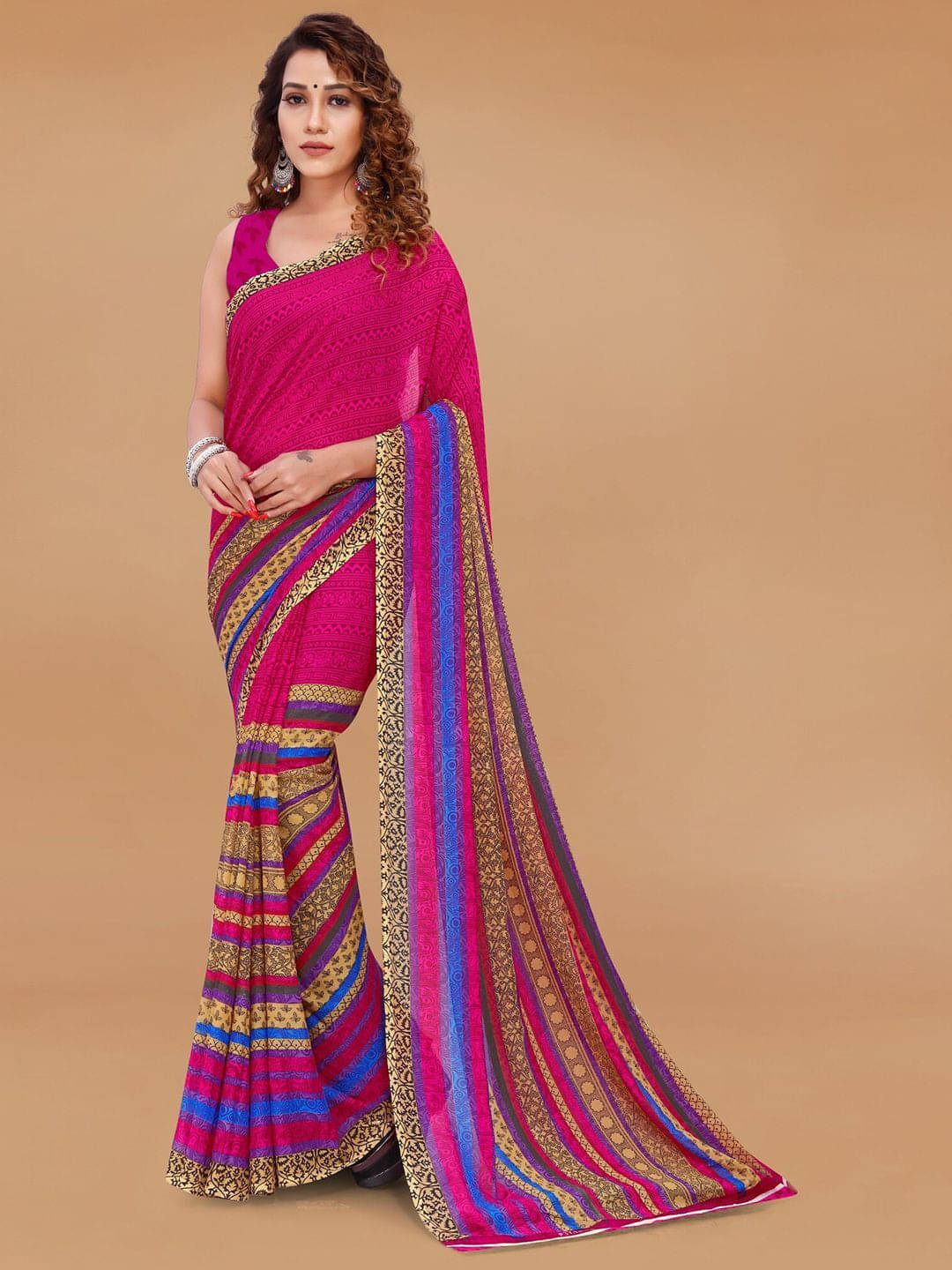 ANAND SAREES Georgette Printed Regular Saree With Unstitched Blouse Piece ( Pink ) ANAND SAREES Georgette Printed Regular Saree With Unstitched Blouse Piece ( Pink )