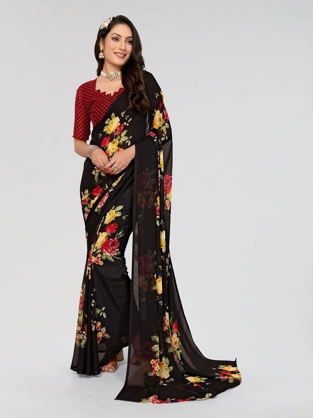     			ANAND SAREES Georgette Printed Regular Saree With Unstitched Blouse Piece ( Black )