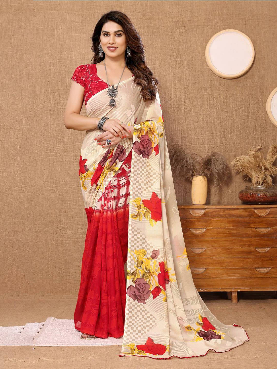 ANAND SAREES Georgette Printed Regular Saree With Unstitched Blouse Piece ( Red ) ANAND SAREES Georgette Printed Regular Saree With Unstitched Blouse Piece ( Red )
