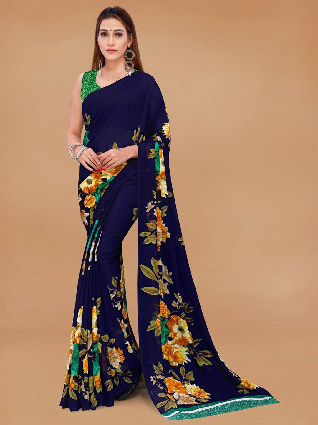 ANAND SAREES Georgette Printed Regular Saree With Unstitched Blouse Piece ( Navy Blue ) ANAND SAREES Georgette Printed Regular Saree With Unstitched Blouse Piece ( Navy Blue )