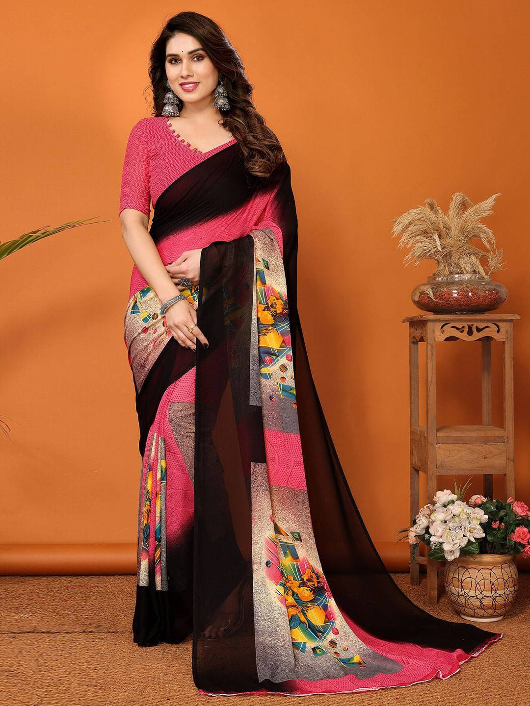     			ANAND SAREES Georgette Printed Regular Saree With Unstitched Blouse Piece ( Pink )