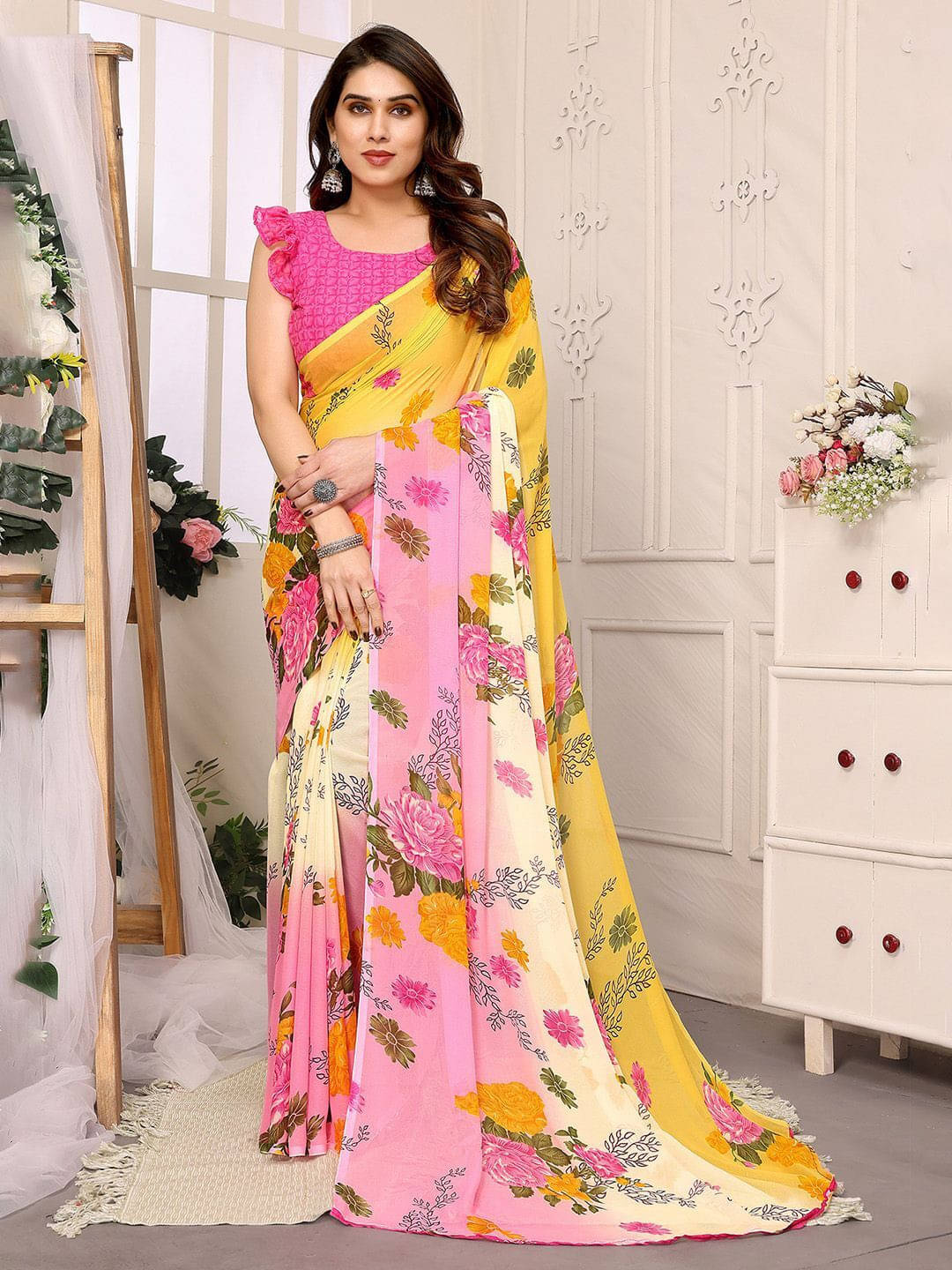 ANAND SAREES Georgette Printed Regular Saree With Unstitched Blouse Piece ( Pink ) ANAND SAREES Georgette Printed Regular Saree With Unstitched Blouse Piece ( Pink )