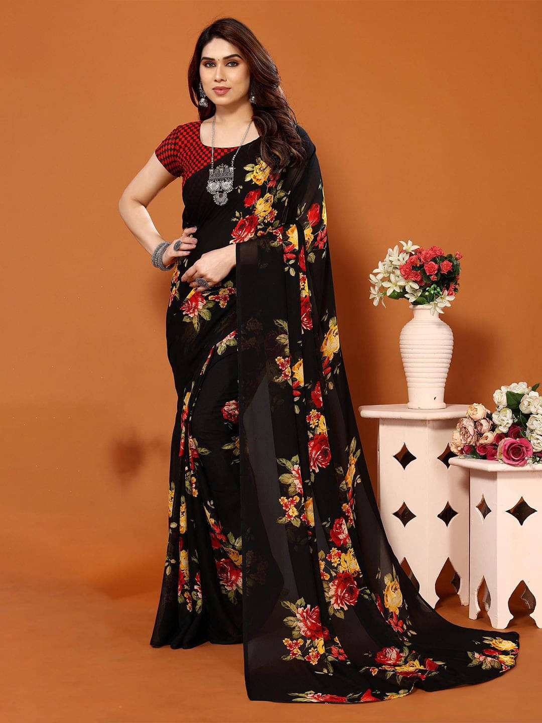 ANAND SAREES Georgette Printed Regular Saree With Unstitched Blouse Piece ( Black ) ANAND SAREES Georgette Printed Regular Saree With Unstitched Blouse Piece ( Black )