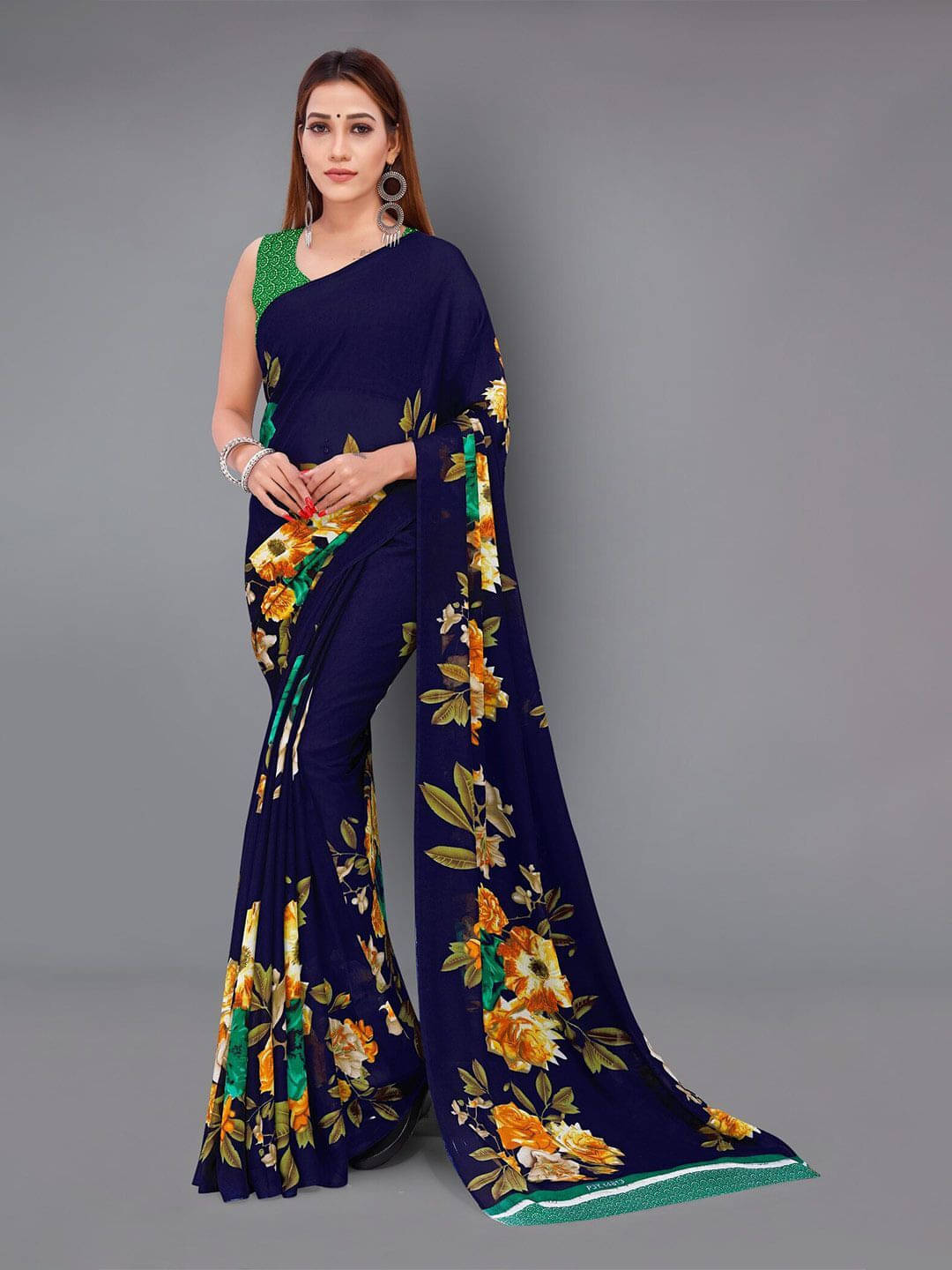 ANAND SAREES Georgette Printed Regular Saree With Unstitched Blouse Piece ( Blue ) ANAND SAREES Georgette Printed Regular Saree With Unstitched Blouse Piece ( Blue )