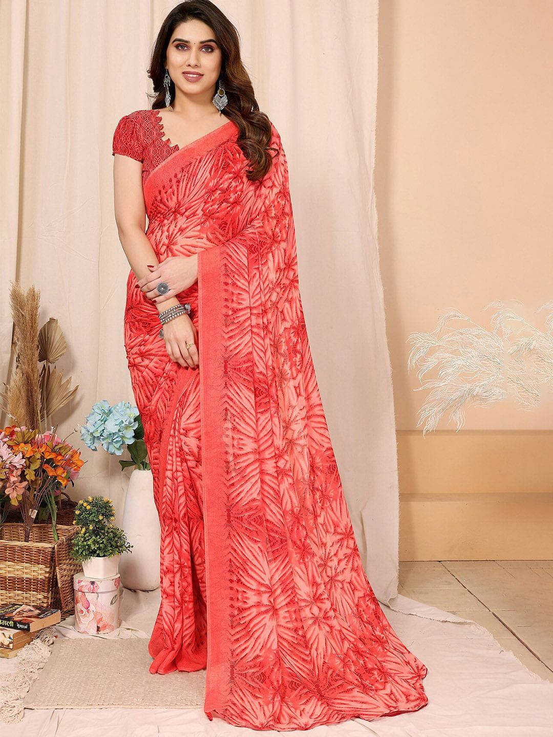     			ANAND SAREES Georgette Printed Regular Saree With Unstitched Blouse Piece ( Red )