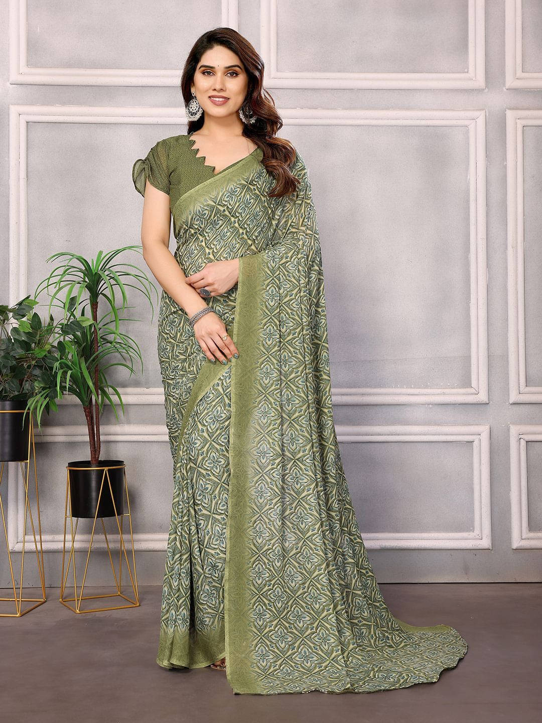     			ANAND SAREES Georgette Printed Regular Saree With Unstitched Blouse Piece ( Green )