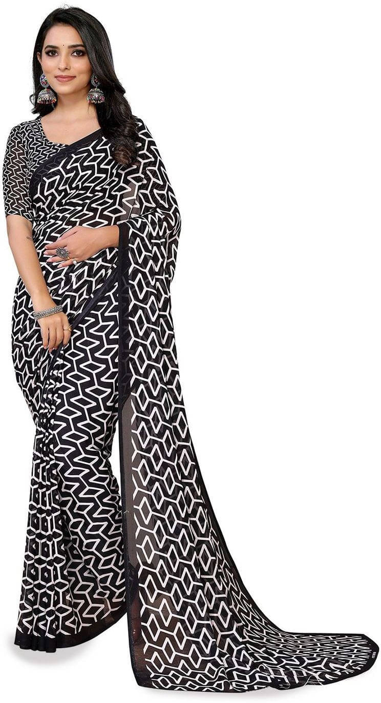 ANAND SAREES Georgette Printed Regular Saree With Unstitched Blouse Piece ( Black ) ANAND SAREES Georgette Printed Regular Saree With Unstitched Blouse Piece ( Black )
