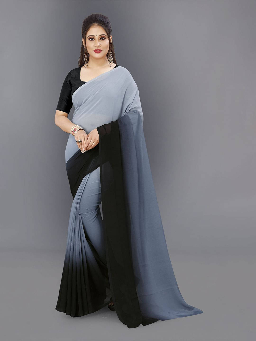 ANAND SAREES Georgette Printed Regular Saree With Unstitched Blouse Piece ( Grey ) ANAND SAREES Georgette Printed Regular Saree With Unstitched Blouse Piece ( Grey )