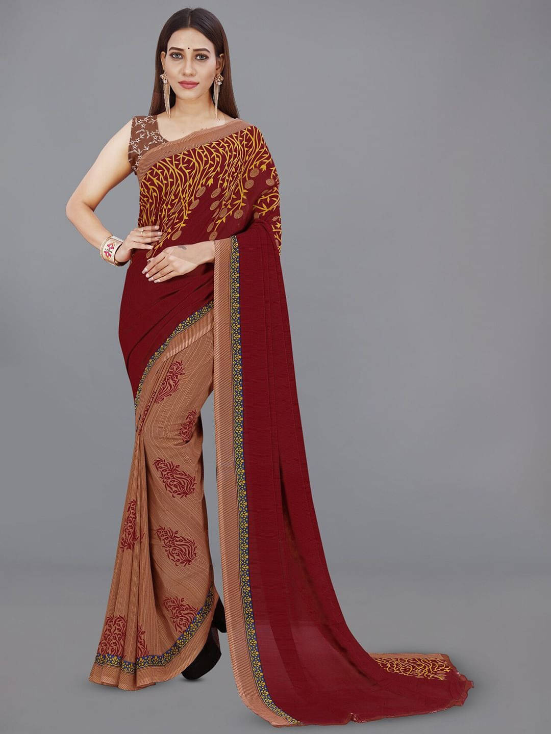 ANAND SAREES Georgette Printed Regular Saree With Unstitched Blouse Piece ( Brown ) ANAND SAREES Georgette Printed Regular Saree With Unstitched Blouse Piece ( Brown )