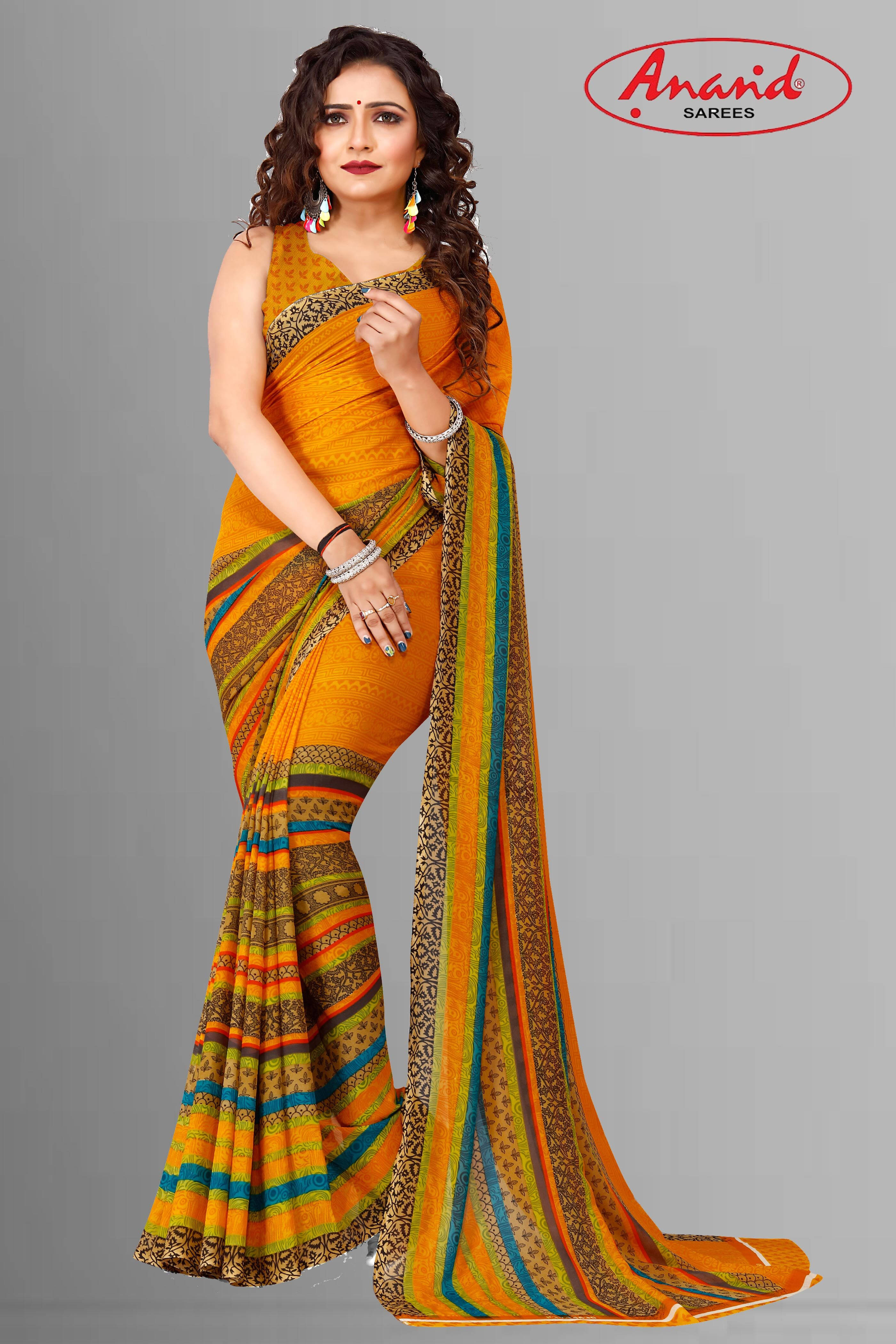 ANAND SAREES Georgette Printed Regular Saree With Unstitched Blouse Piece ( Yellow ) ANAND SAREES Georgette Printed Regular Saree With Unstitched Blouse Piece ( Yellow )