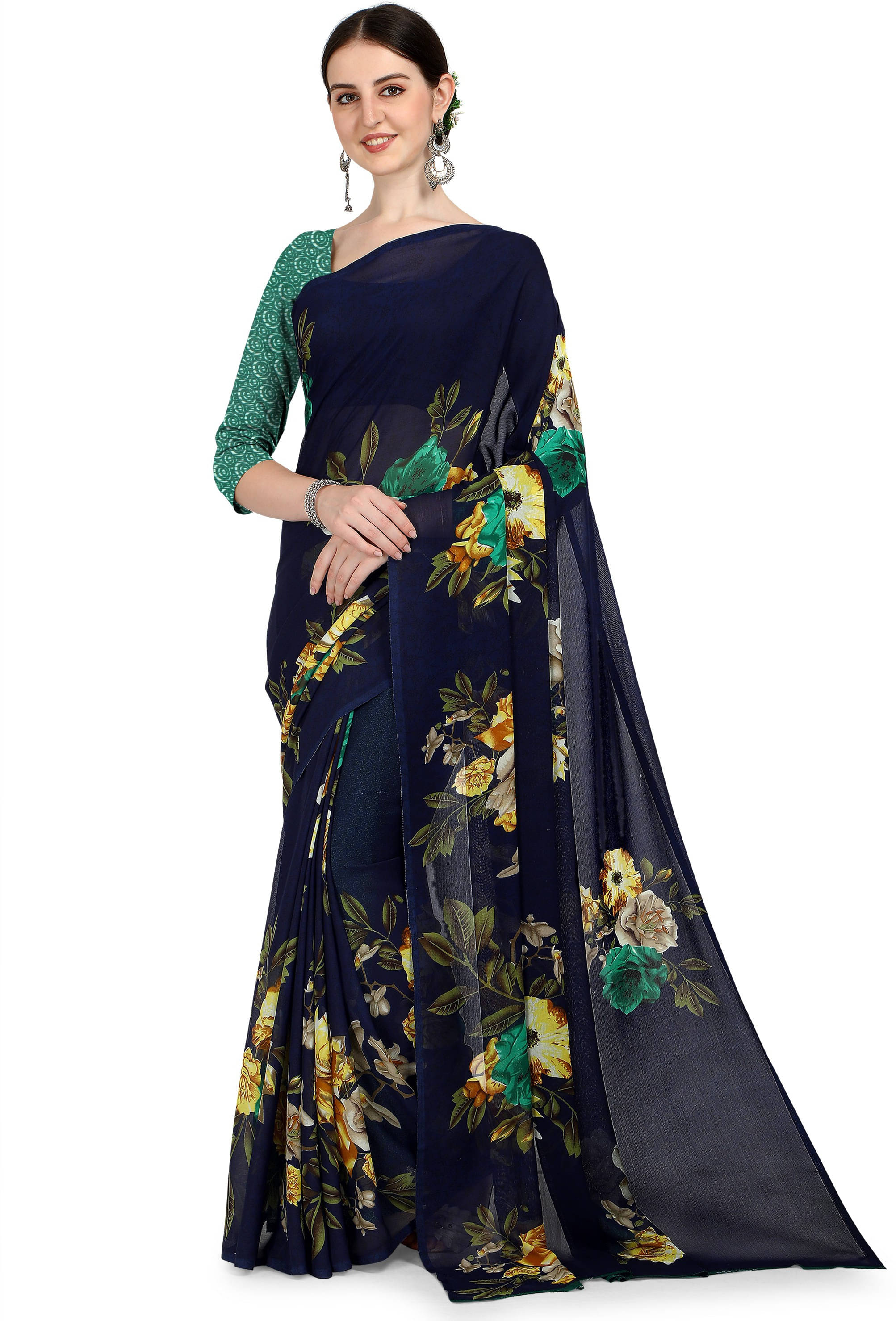 ANAND SAREES Georgette Printed Regular Saree With Unstitched Blouse Piece ( Blue ) ANAND SAREES Georgette Printed Regular Saree With Unstitched Blouse Piece ( Blue )
