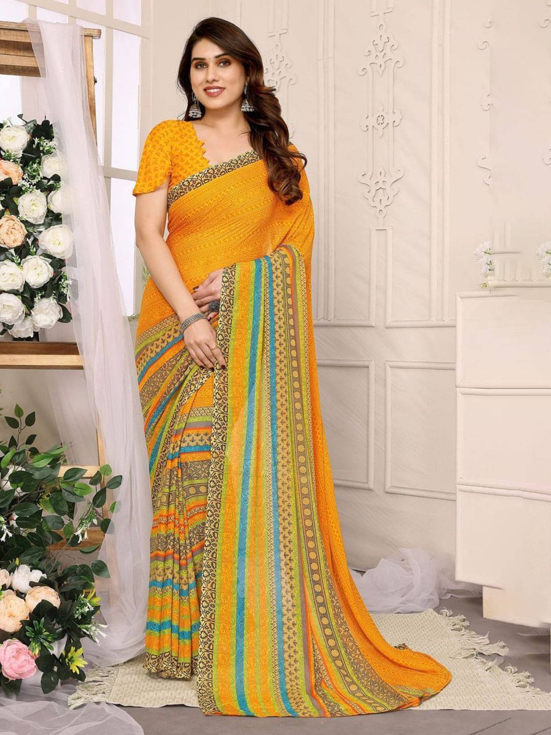 ANAND SAREES Georgette Printed Regular Saree With Unstitched Blouse Piece ( Yellow ) ANAND SAREES Georgette Printed Regular Saree With Unstitched Blouse Piece ( Yellow )
