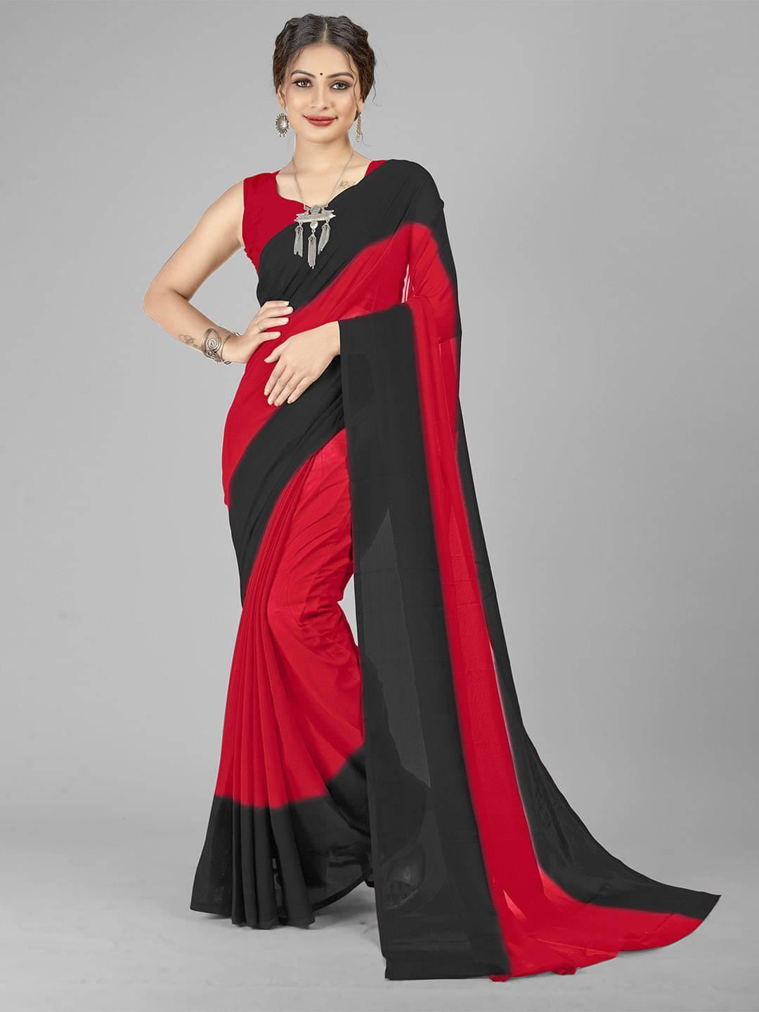 ANAND SAREES Georgette Printed Regular Saree With Unstitched Blouse Piece ( Red )     			ANAND SAREES Georgette Printed Regular Saree With Unstitched Blouse Piece ( Red )