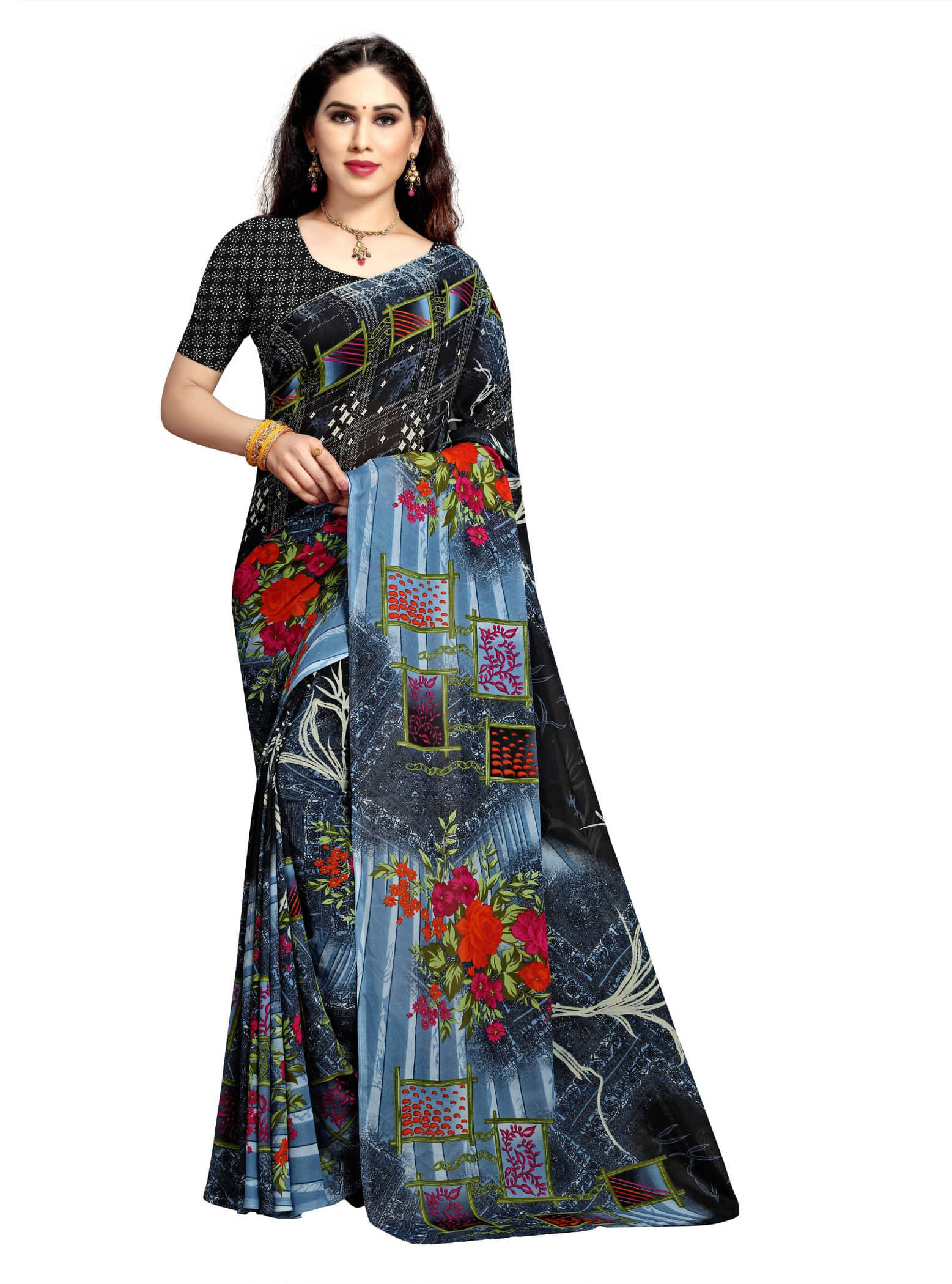 ANAND SAREES Georgette Printed Regular Saree With Unstitched Blouse Piece ( Blue ) ANAND SAREES Georgette Printed Regular Saree With Unstitched Blouse Piece ( Blue )