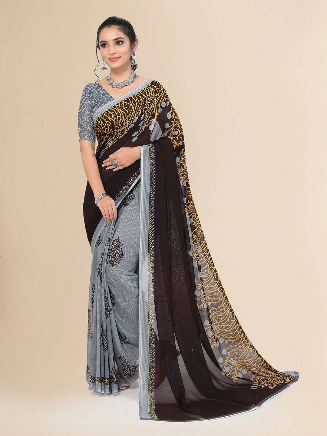     			ANAND SAREES Georgette Printed Regular Saree With Unstitched Blouse Piece ( Brown )