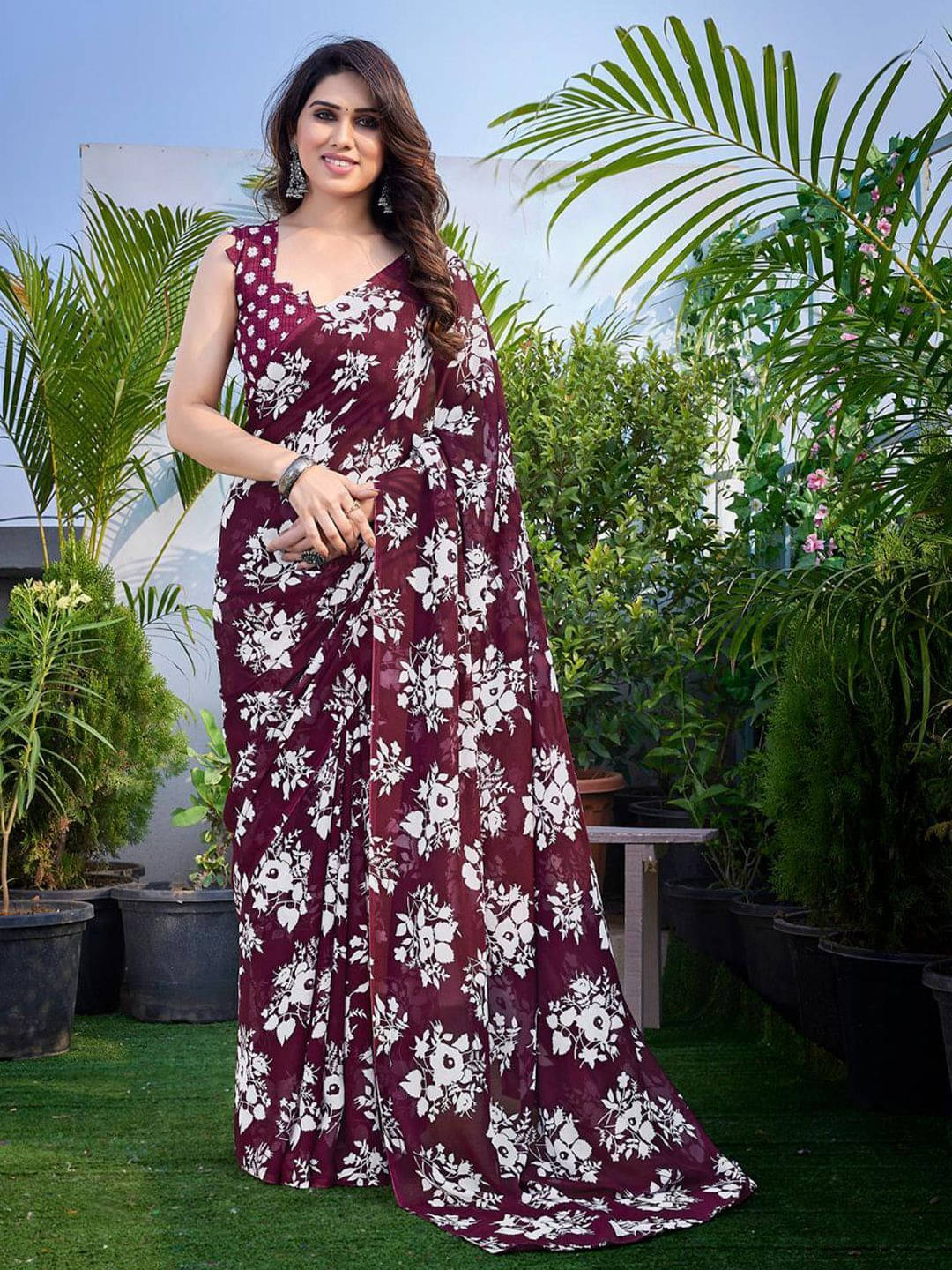ANAND SAREES Georgette Printed Regular Saree With Unstitched Blouse Piece ( Maroon ) ANAND SAREES Georgette Printed Regular Saree With Unstitched Blouse Piece ( Maroon )