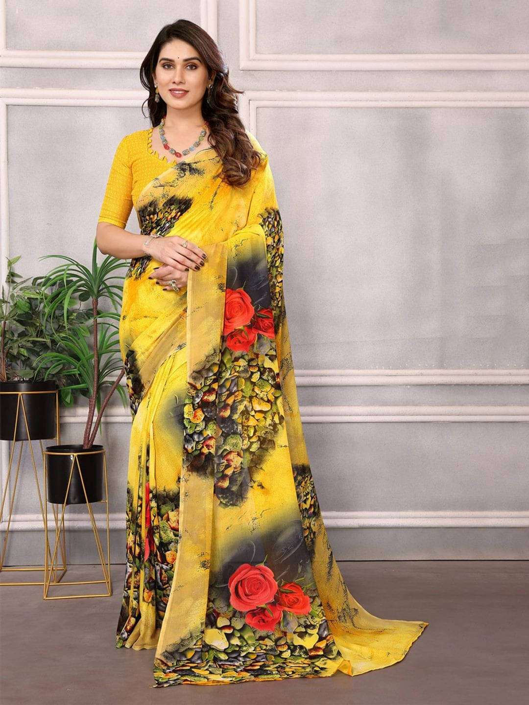     			ANAND SAREES Georgette Printed Regular Saree With Unstitched Blouse Piece ( Yellow )