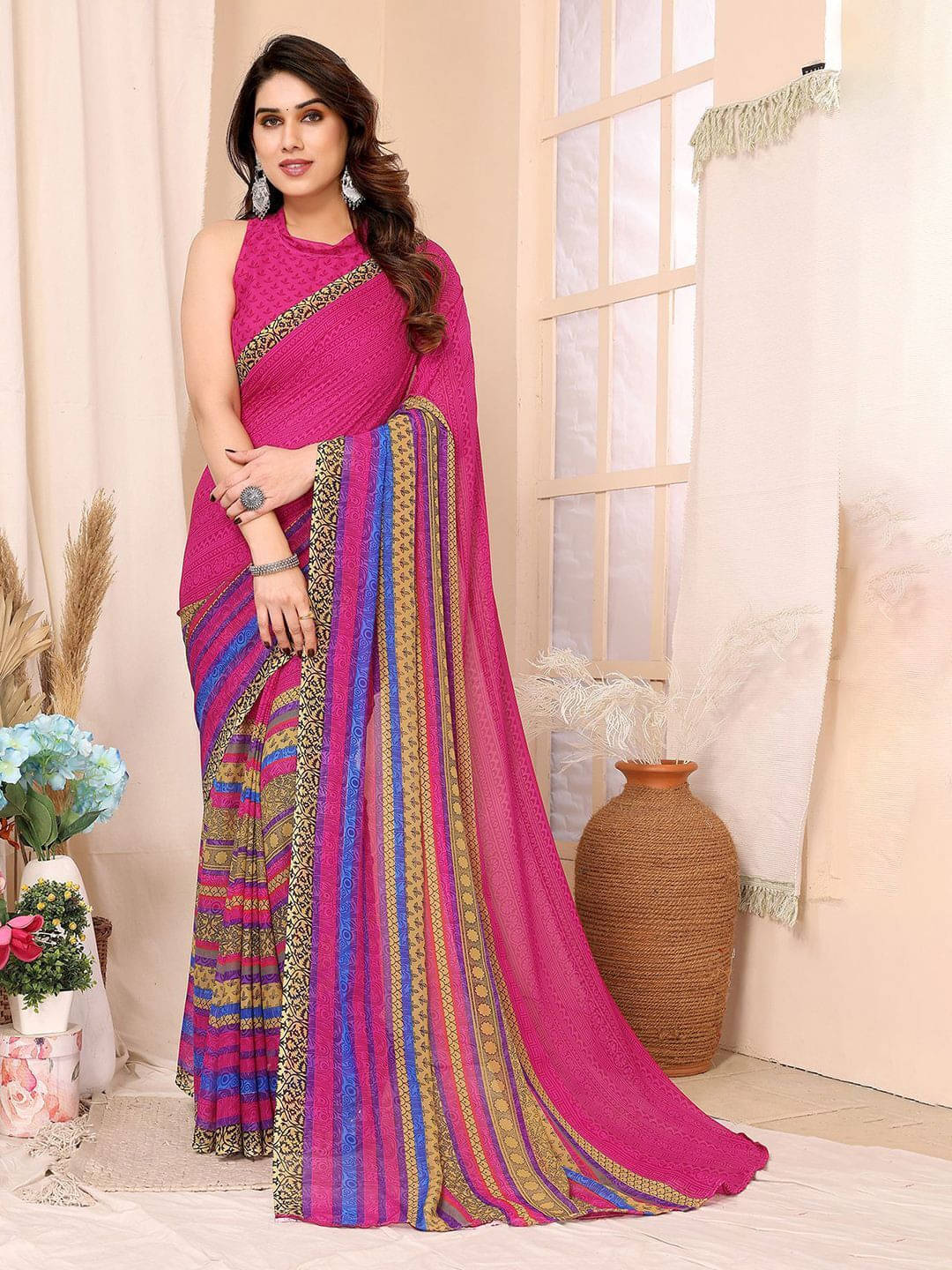 ANAND SAREES Georgette Printed Regular Saree With Unstitched Blouse Piece ( Pink ) ANAND SAREES Georgette Printed Regular Saree With Unstitched Blouse Piece ( Pink )
