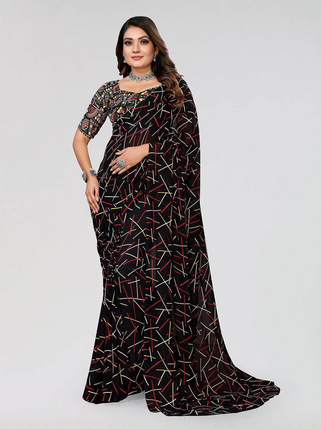 ANAND SAREES Georgette Printed Regular Saree With Unstitched Blouse Piece ( Black ) ANAND SAREES Georgette Printed Regular Saree With Unstitched Blouse Piece ( Black )