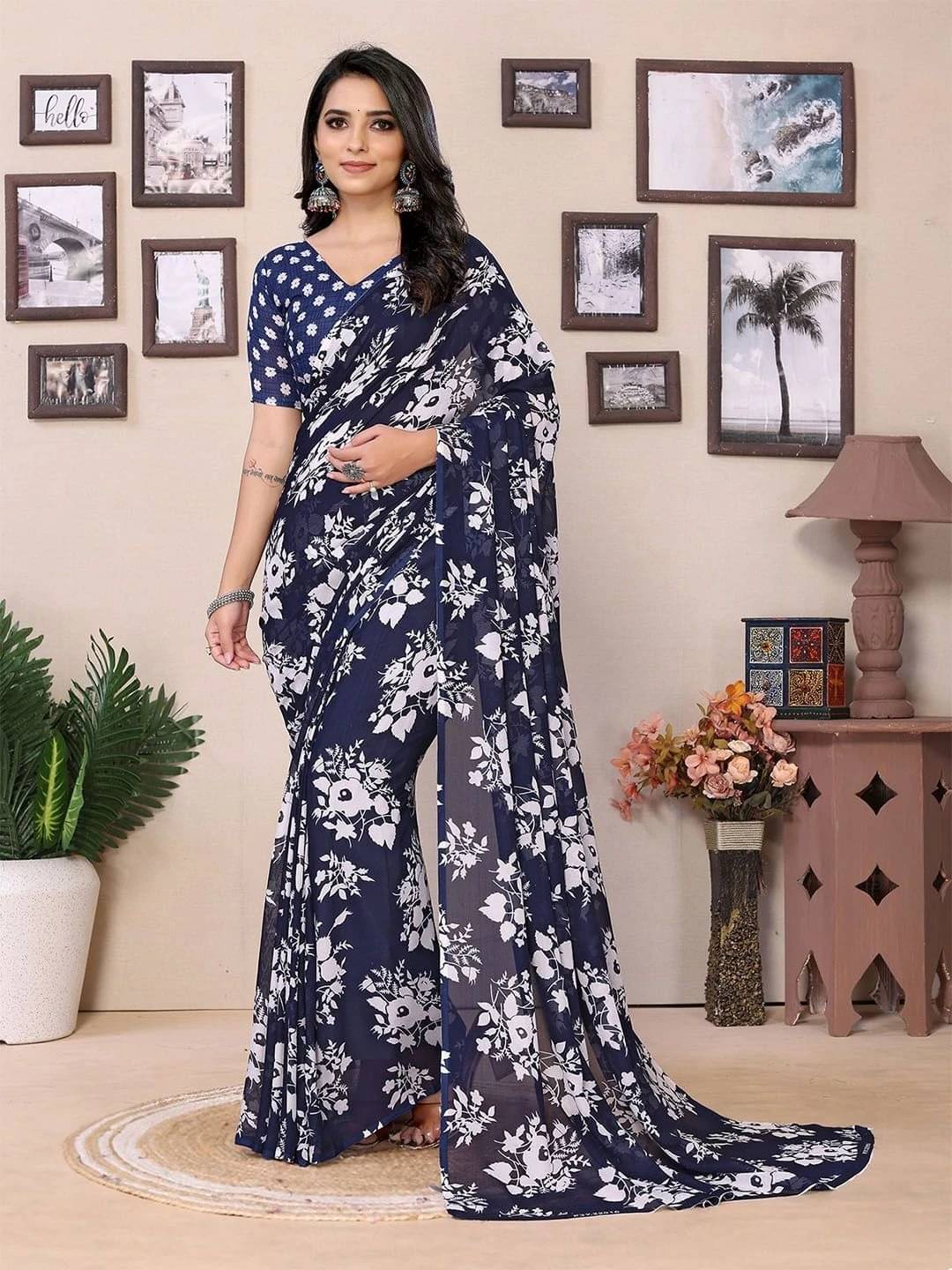     			ANAND SAREES Georgette Printed Regular Saree With Unstitched Blouse Piece ( Blue )