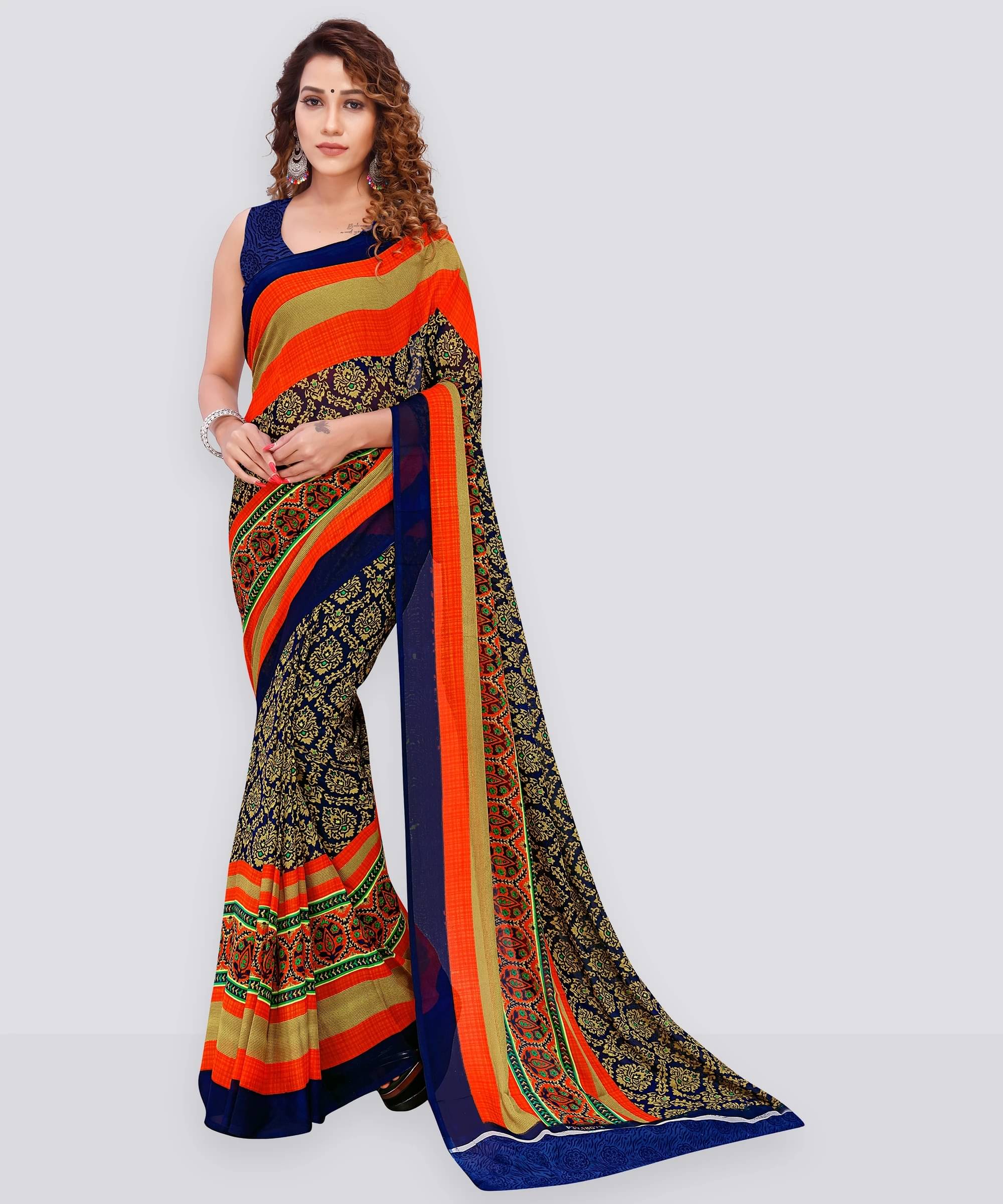 ANAND SAREES Georgette Printed Regular Saree With Unstitched Blouse Piece ( Blue ) ANAND SAREES Georgette Printed Regular Saree With Unstitched Blouse Piece ( Blue )