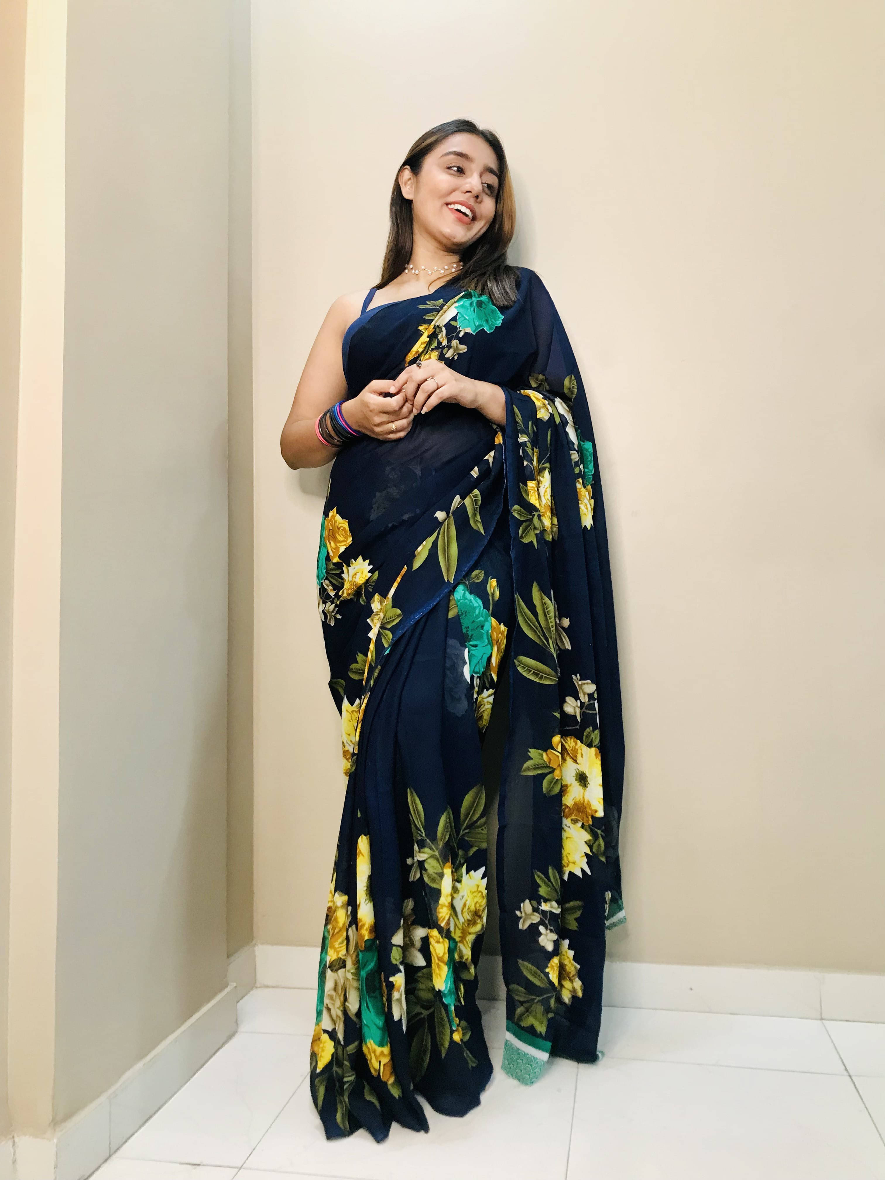 ANAND SAREES Georgette Printed Regular Saree With Unstitched Blouse Piece ( Blue ) ANAND SAREES Georgette Printed Regular Saree With Unstitched Blouse Piece ( Blue )