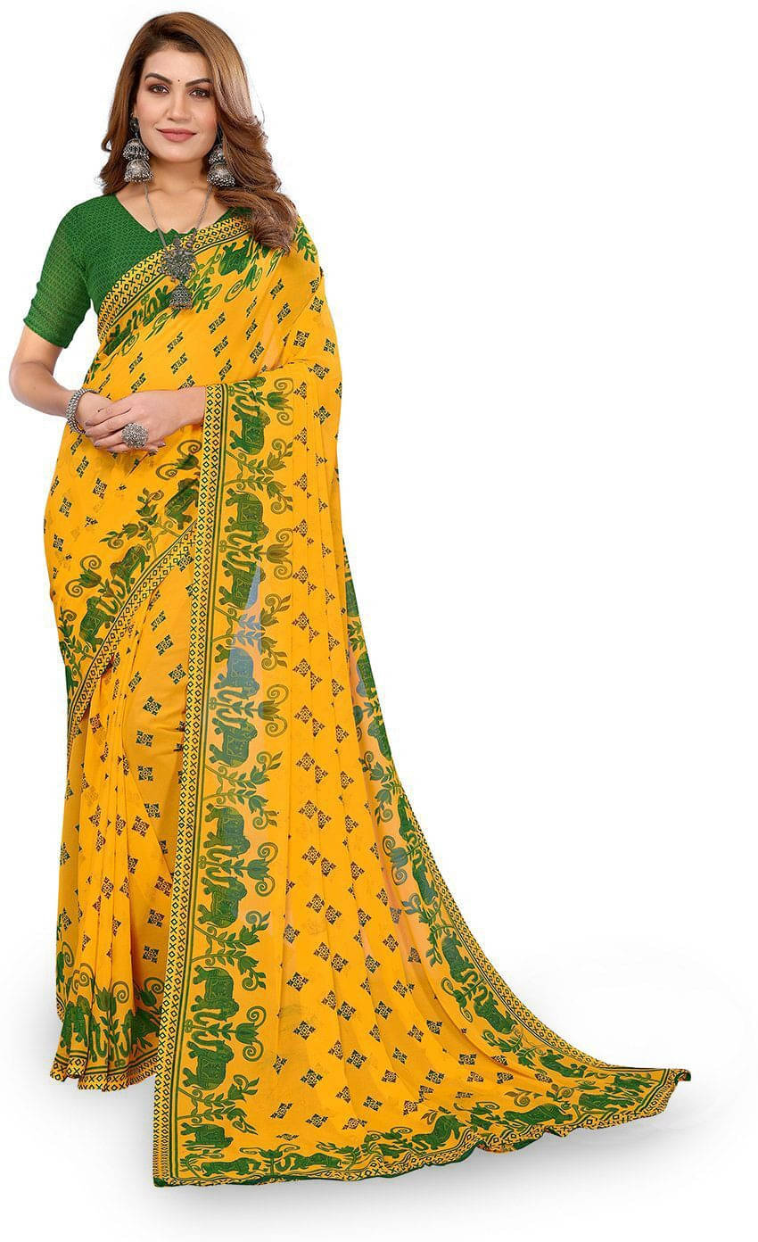 ANAND SAREES Georgette Printed Regular Saree With Unstitched Blouse Piece ( Yellow ) ANAND SAREES Georgette Printed Regular Saree With Unstitched Blouse Piece ( Yellow )