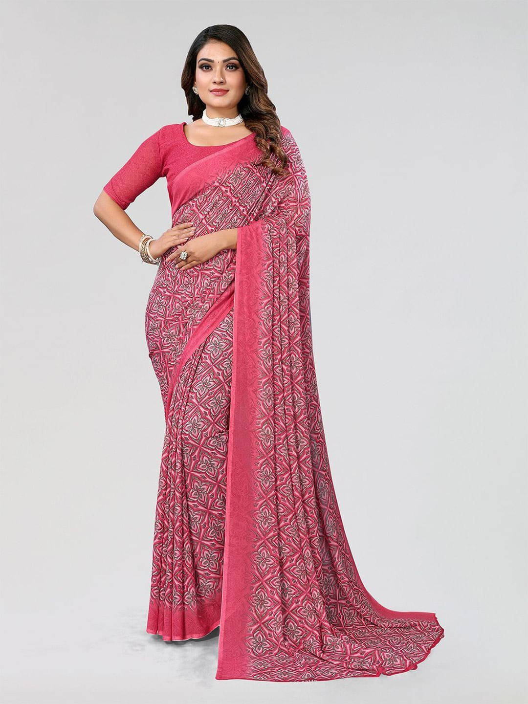 ANAND SAREES Georgette Self Design Regular Saree With Unstitched Blouse Piece ( Pink ) ANAND SAREES Georgette Self Design Regular Saree With Unstitched Blouse Piece ( Pink )