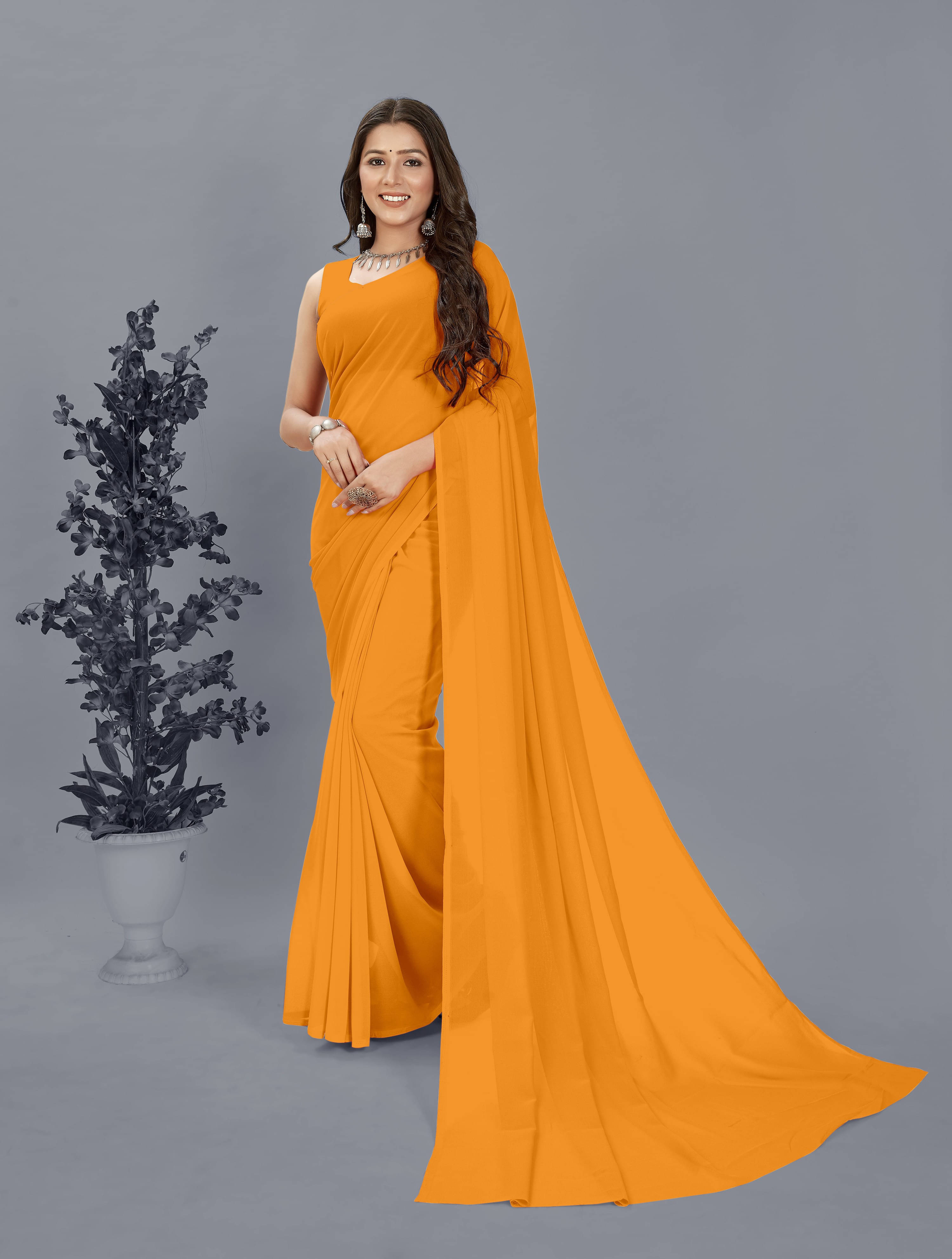 ANAND SAREES Georgette Solid Regular Saree With Unstitched Blouse Piece ( Yellow ) ANAND SAREES Georgette Solid Regular Saree With Unstitched Blouse Piece ( Yellow )