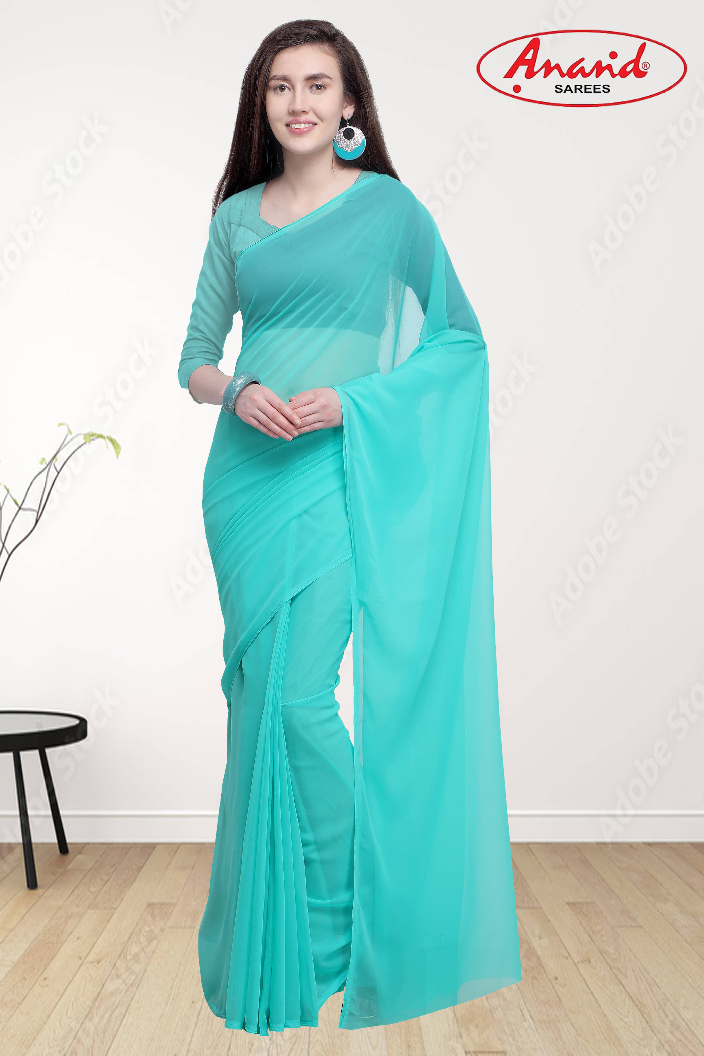 ANAND SAREES Georgette Solid Regular Saree With Unstitched Blouse Piece ( Light Blue ) ANAND SAREES Georgette Solid Regular Saree With Unstitched Blouse Piece ( Light Blue )