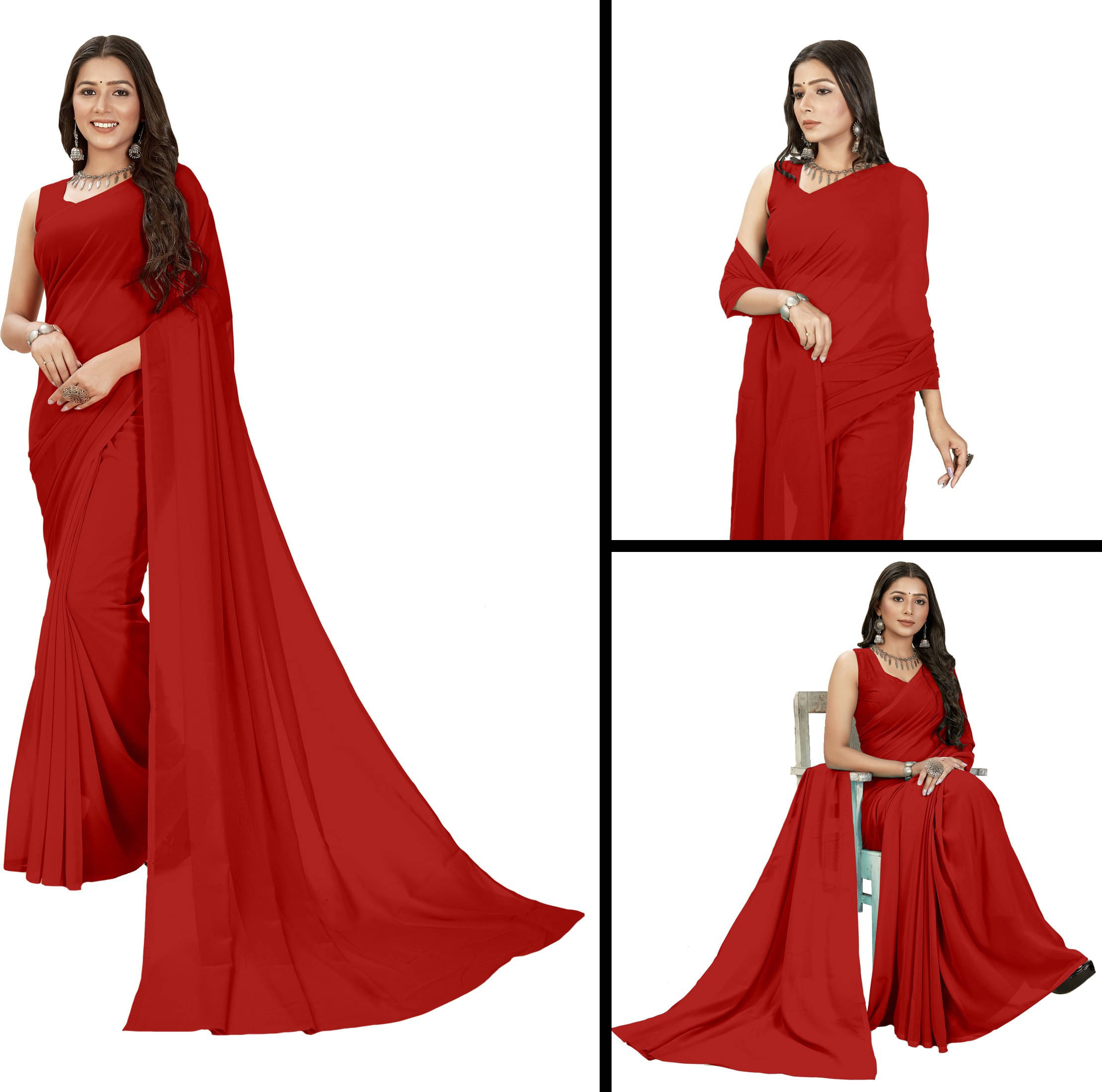 ANAND SAREES Georgette Solid Regular Saree With Unstitched Blouse Piece ( Red ) ANAND SAREES Georgette Solid Regular Saree With Unstitched Blouse Piece ( Red )