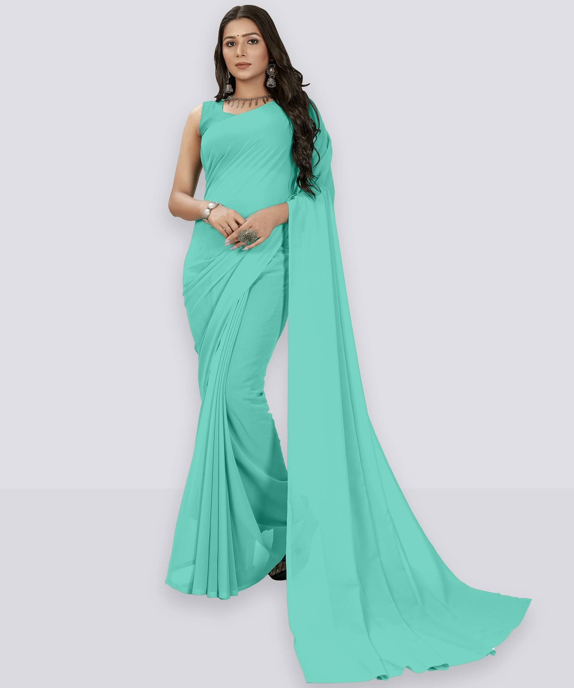     			ANAND SAREES Georgette Solid Regular Saree With Unstitched Blouse Piece ( Green )