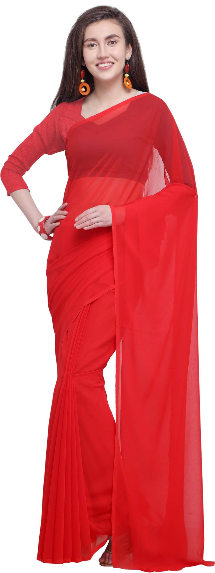 ANAND SAREES Georgette Solid Regular Saree With Unstitched Blouse Piece ( Light Blue ) ANAND SAREES Georgette Solid Regular Saree With Unstitched Blouse Piece ( Light Blue )