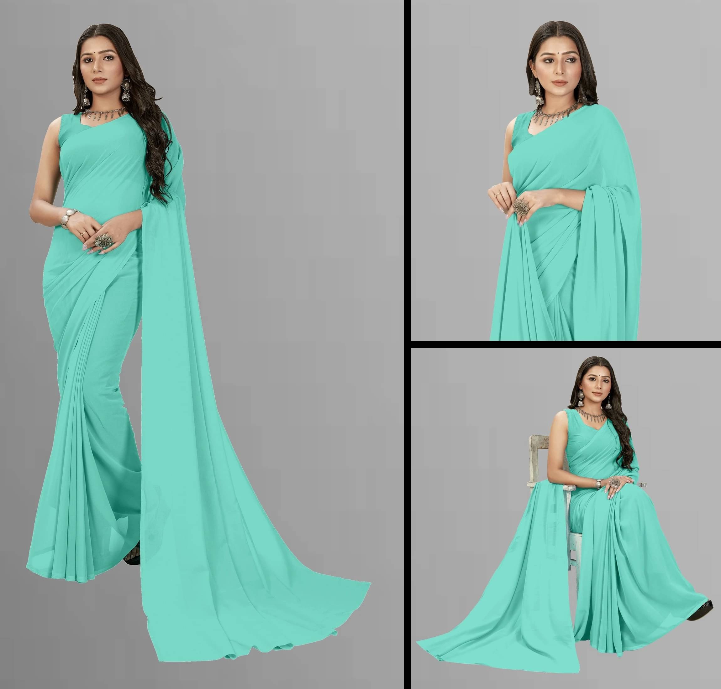 ANAND SAREES Georgette Solid Regular Saree With Unstitched Blouse Piece ( Light Blue ) ANAND SAREES Georgette Solid Regular Saree With Unstitched Blouse Piece ( Light Blue )